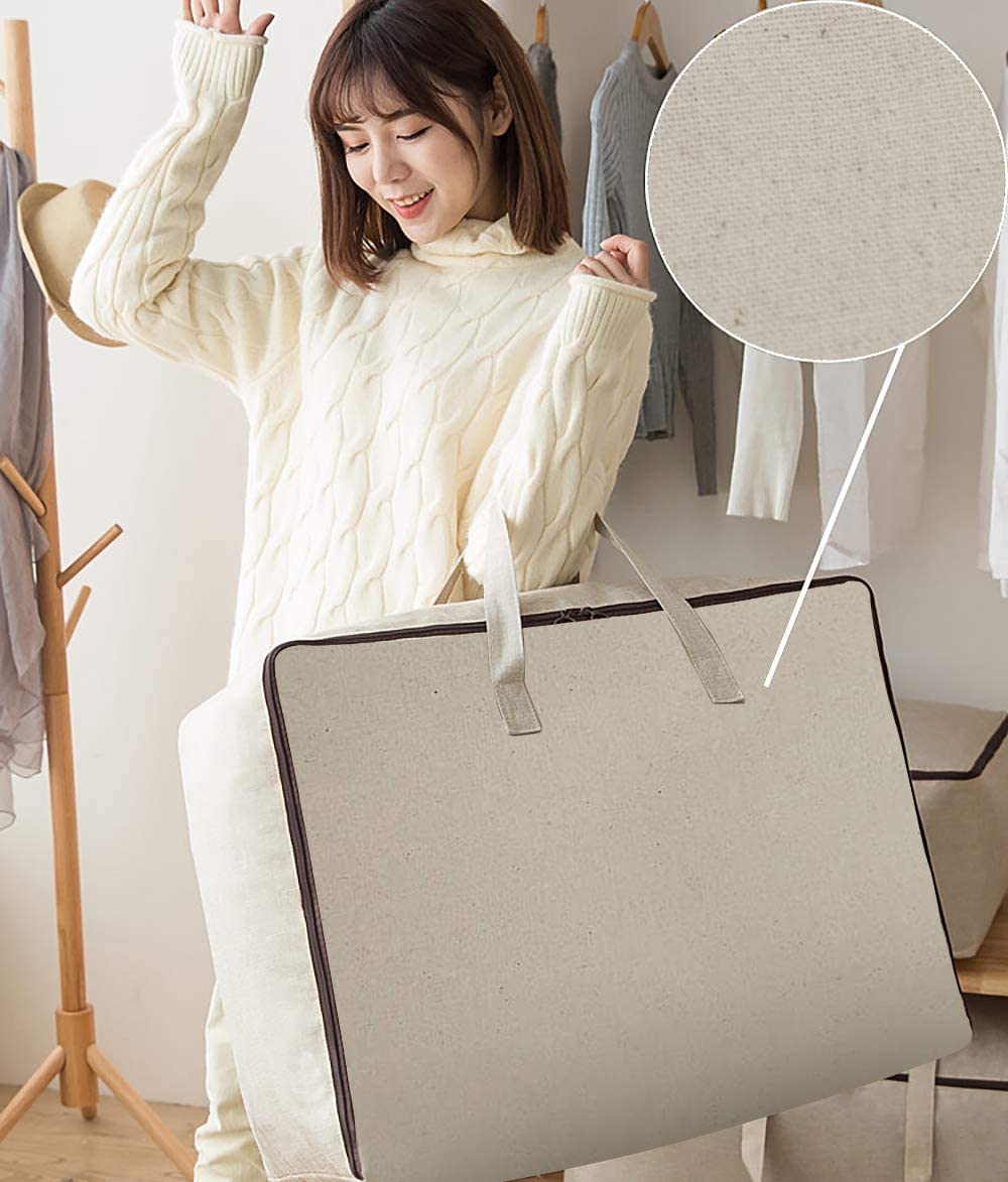 Beige Canvas Storage Bags Set - 3-Piece Breathable Fabric Organizer for Closet, Shelves & Travel (1 XL + 2 Large Bags) - Perfect for Clothes, Blankets & Seasonal Storage