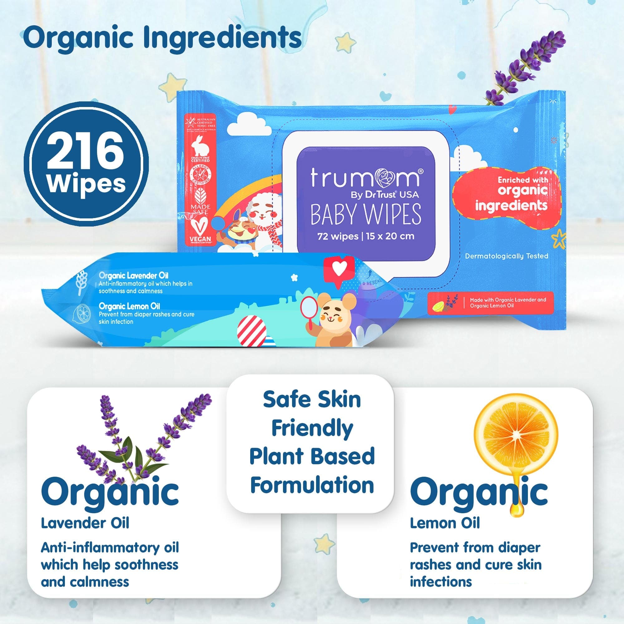 Organic Baby Wipes by Trumom USA - 3-Pack | Hypoallergenic, Chemical-Free & Safe Certified | Gentle for Newborns & Sensitive Skin | Perfect for Diaper Changes, On-the-Go Cleaning & Baby Care Essentials