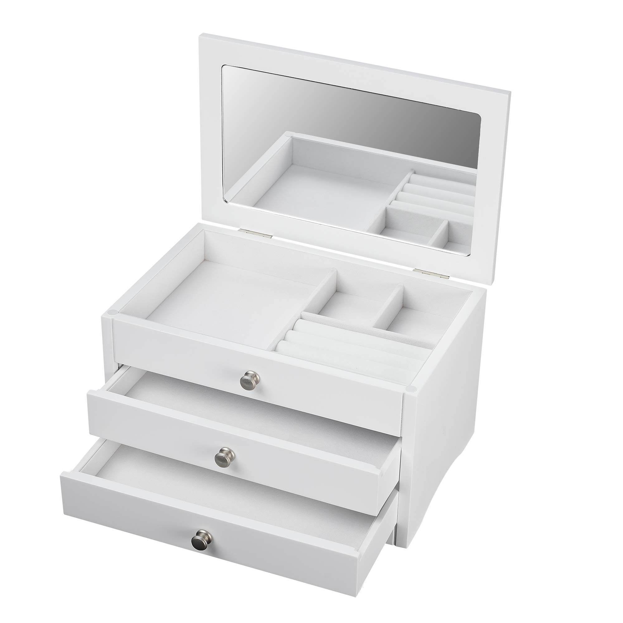 Elegant White Lift Top Jewelry Box with Mirror - Perfect for Organizing Necklaces, Rings & Earrings at Home or Travel