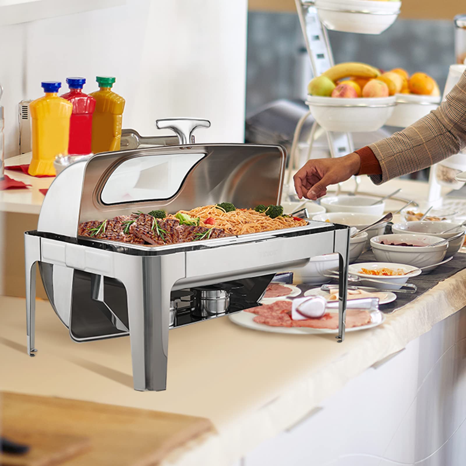VEVOR 9 Qt Stainless Steel Roll Top Chafing Dish Buffet Set with 2 Half Size Pans, Rectangle Catering Food Warmer with Visible Lid, Water Pan Stand & Fuel Holder - Perfect for Buffets, Weddings, Banquets and Catering Events (Serves 9+ People)