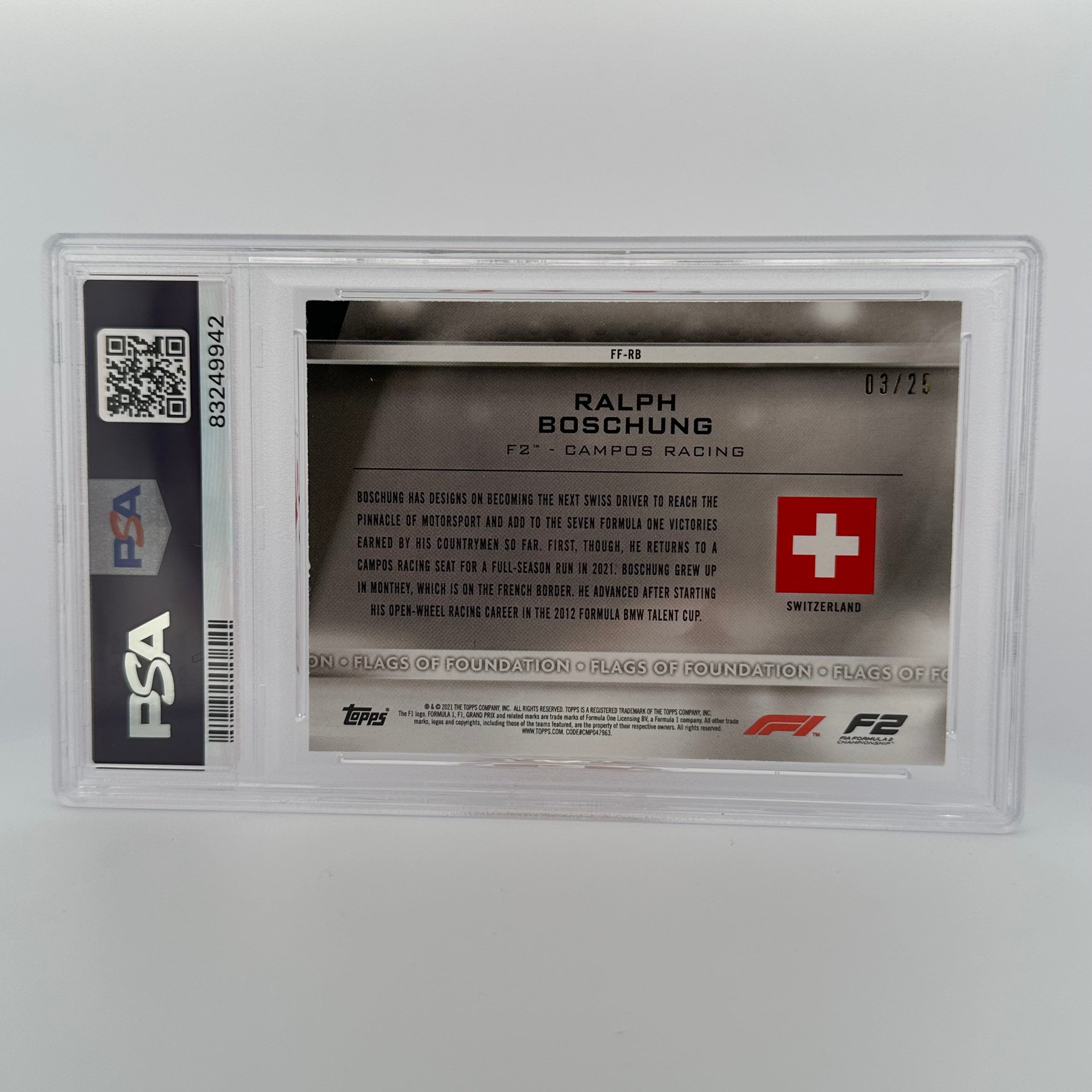 2003 Ralph Boschung #FF RB Flags Of Foundation Orange PSA 8 Graded Trading Card - Perfect for Collectors, Sports Memorabilia Enthusiasts & Investment Portfolios