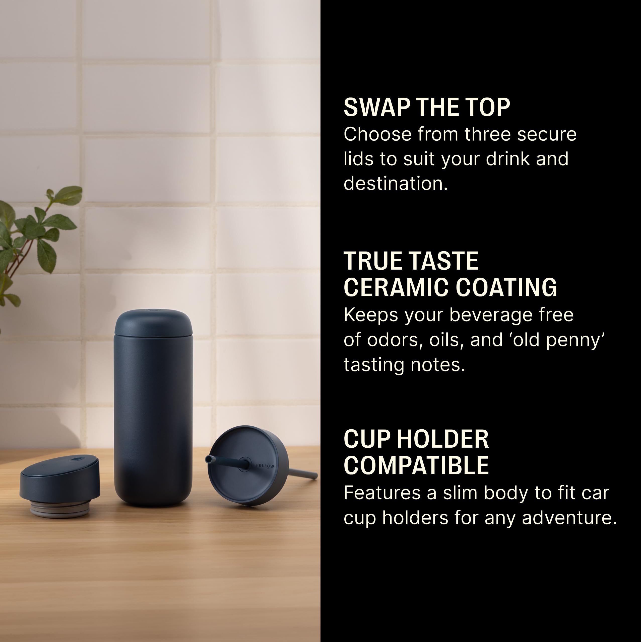 Fellow 16 oz Carter Travel Mug Bundle (3-in-1) - Vacuum-Insulated Stainless Steel Coffee Tumbler with Slide-Lock Lid, Ceramic Interior & Straw - Perfect for Hot & Cold Drinks On-The-Go, Office Commute, Hiking & Outdoor Adventures - Stone Blue
