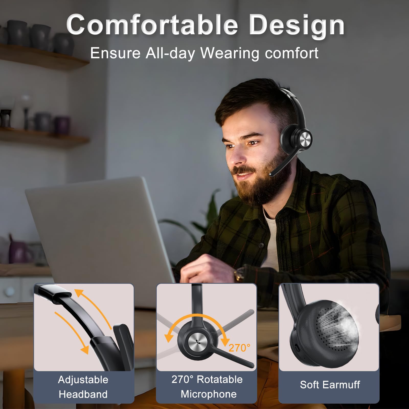 Wireless Bluetooth Trucker Headset with Noise Cancelling & Mute Button - 40Hrs Battery Life for Truck Drivers, Office Work & Phone Calls | Comfortable Over-Ear Headphones for Long Haul Driving & Remote Work