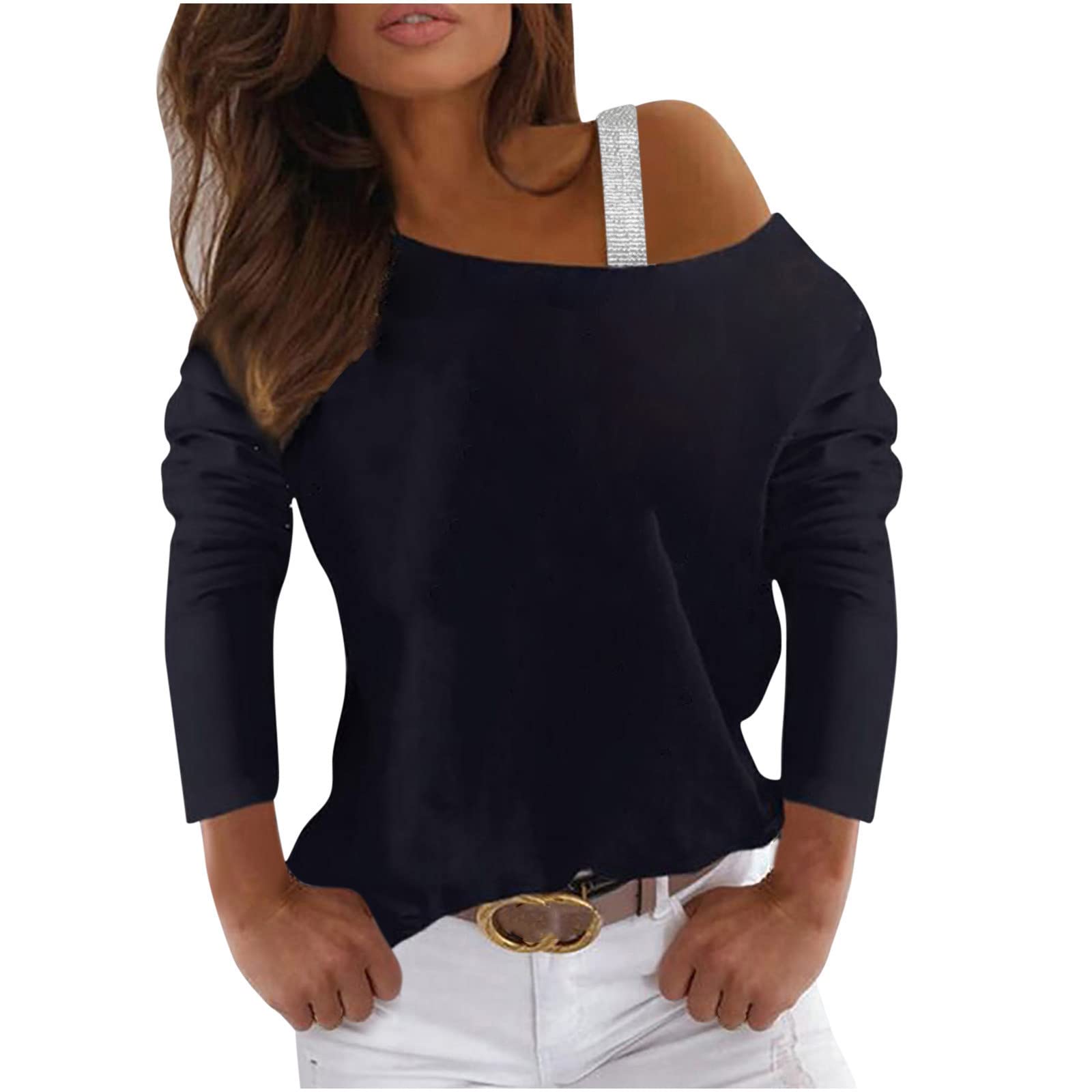 Women's Shiny Sequin Blouse - Off Shoulder Trendy Pullover Tunic Top with Long Sleeves & Diamond Details | Elegant Party Wear, Night Out, Holiday Outfit, Special Occasion Fashion