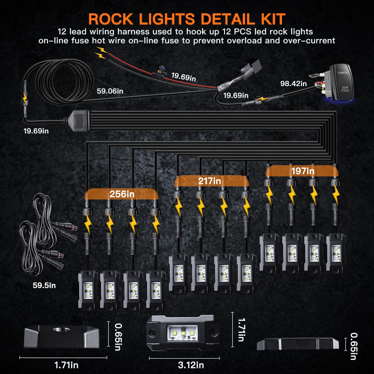 R4 Pure White LED Rock Lights Kit - 12PCS High Power Waterproof Underglow Lights with Roker Switch & Wire Harness for Offroad Trucks, ATV, UTV, SUV - Perfect for Night Trail Riding & Off-Road Adventures