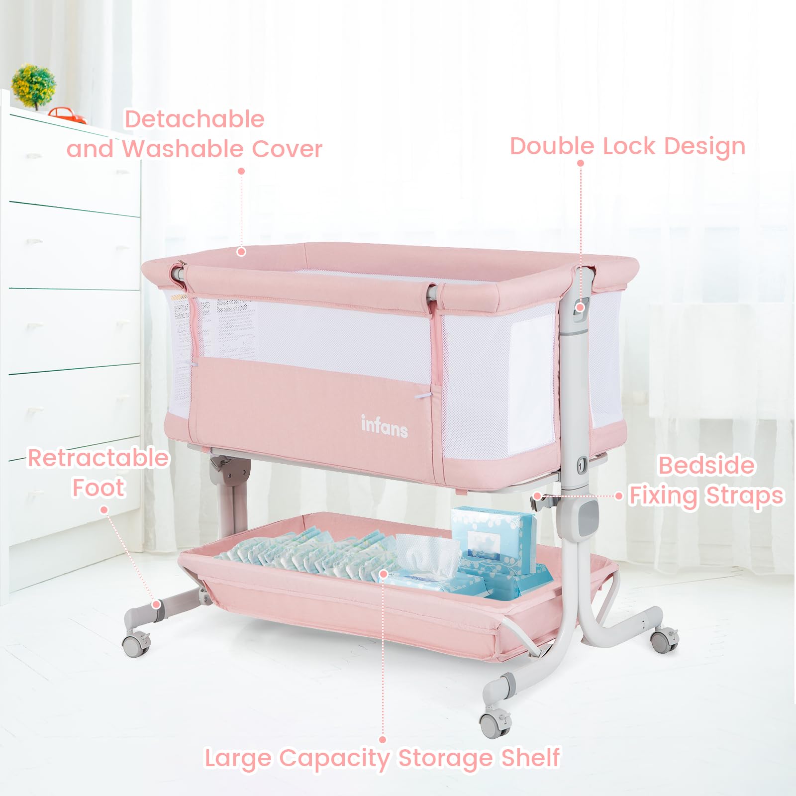 INFANS 3-in-1 Baby Bassinet & Bedside Sleeper with Comfortable Mattress, 6 Adjustable Heights, Wheels, Storage Basket & Travel Bag - Portable Mesh Crib for Newborns & Infants (Pink) | Perfect for Nursery, Bedroom & Travel Use