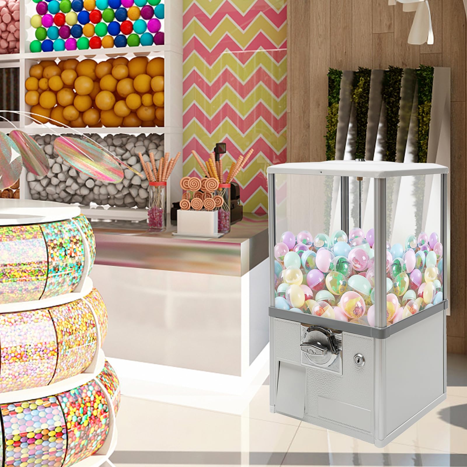 25 Cent Coin Operated Vending Machine - Commercial Gumball & Toy Capsule Dispenser for Candy, Nuts, Prizes (White) | Perfect for Arcades, Retail Stores & Party Favors