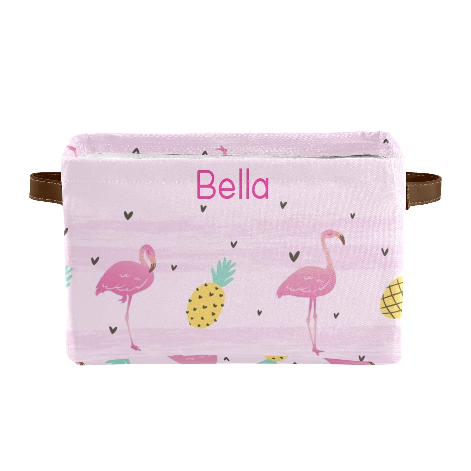 Personalized Flamingo & Pink Pineapple Canvas Storage Bins with Custom Name Text & Leather Handles - 2 Pack for Office, Bathroom, Nursery, Closet & Shelf Organization - Perfect for Home Decor & Gift Giving