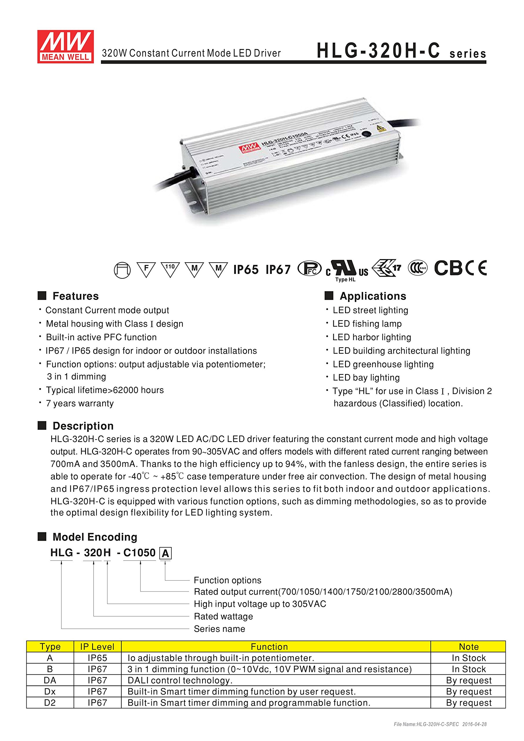 320W LED Power Supply 152-305V 1050mA Constant Current IP67 Waterproof with 3-in-1 Dimming - Ideal for Outdoor LED Strip Lights, Signage & Landscape Lighting