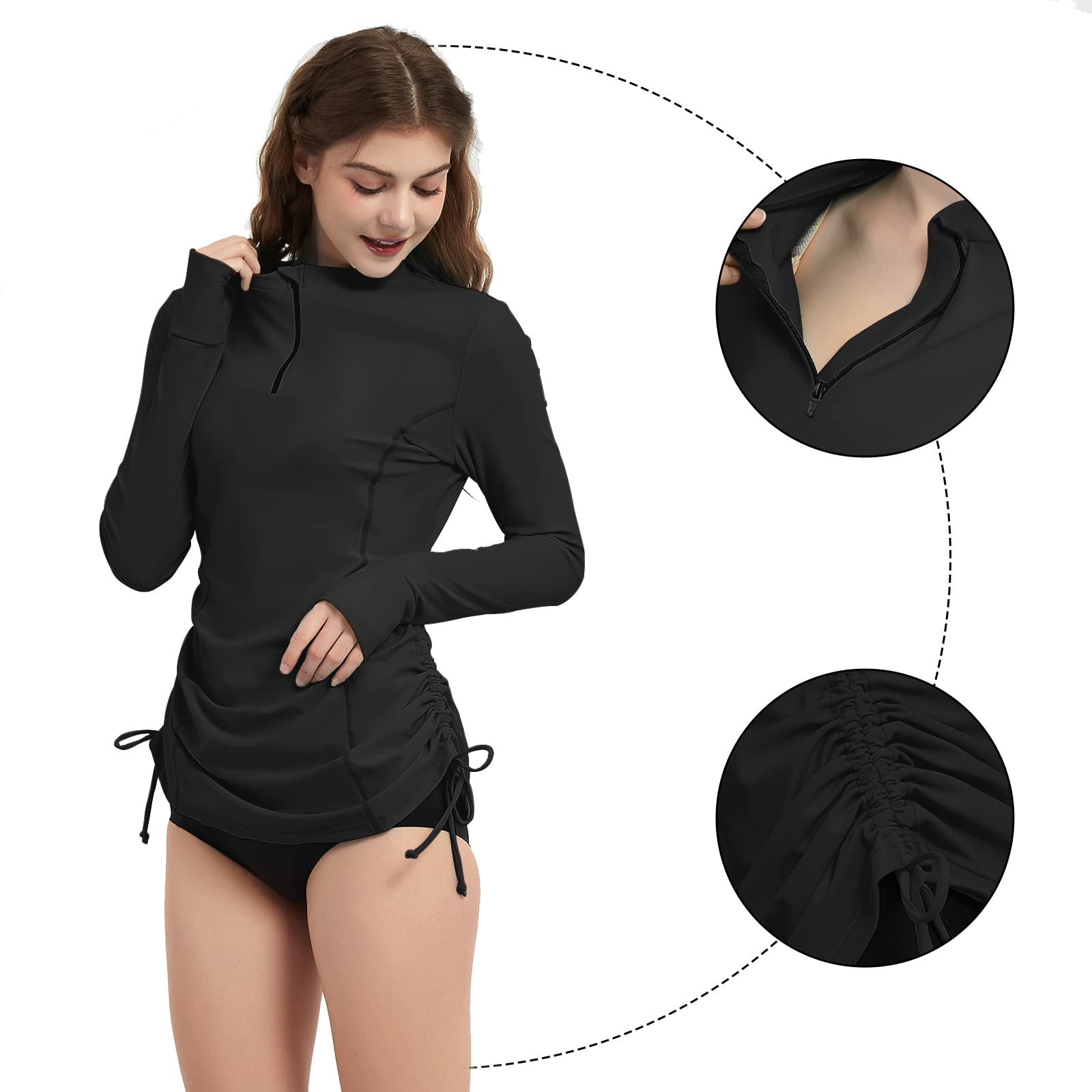 Women's Long Sleeve Rash Guard UPF 50+ Sun Protection Swim Shirt - Half Zip Adjustable Swimsuit Top for Surfing, Swimming & Beach Activities