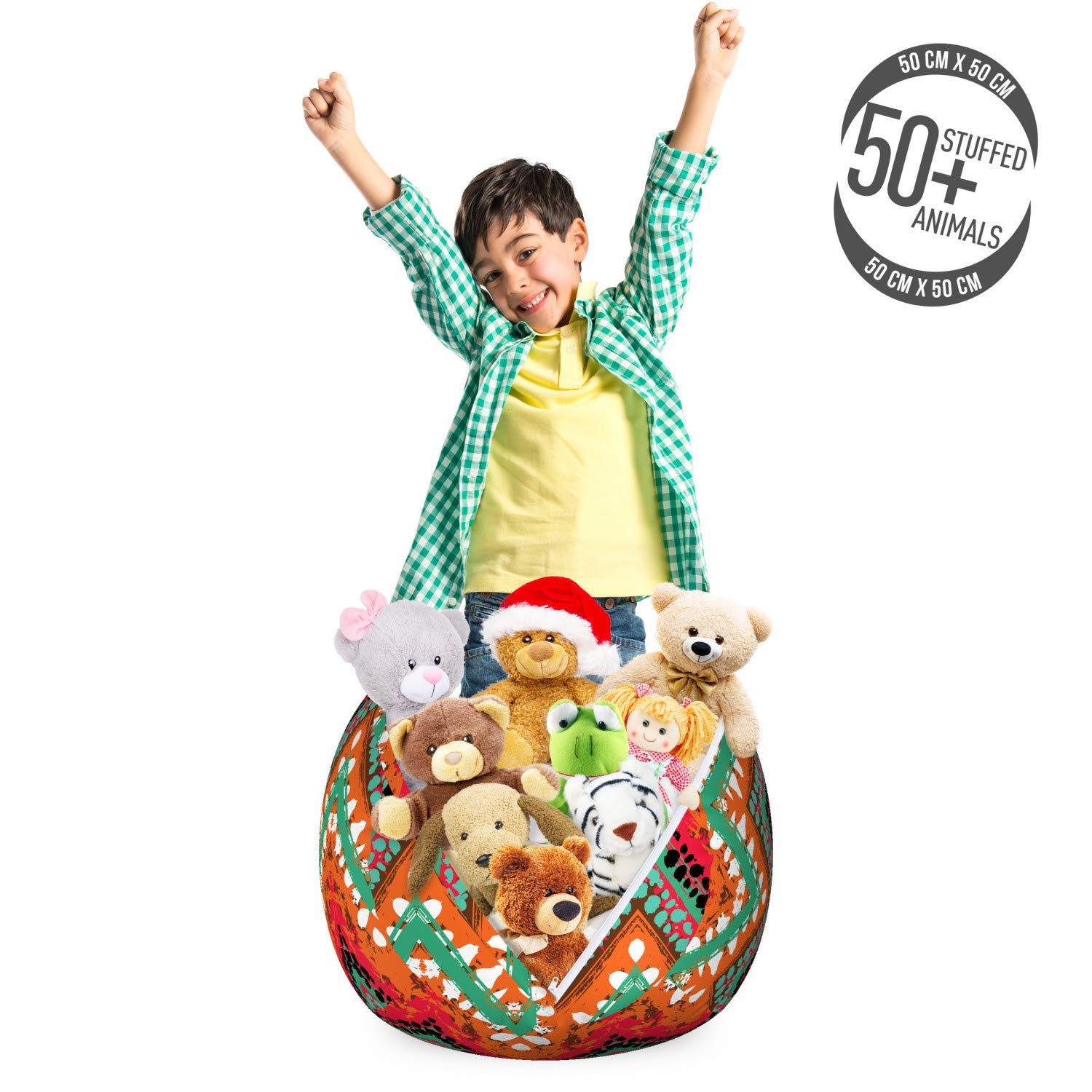 Ambesonne Tribal Toy Storage Bag Chair - Hand-Painted Zigzag Brushstroke Design, Washable Stuffed Animal Organizer, Small Size in Sea Green & Marigold - Perfect for Kids' Room, Playroom & Nursery Organization