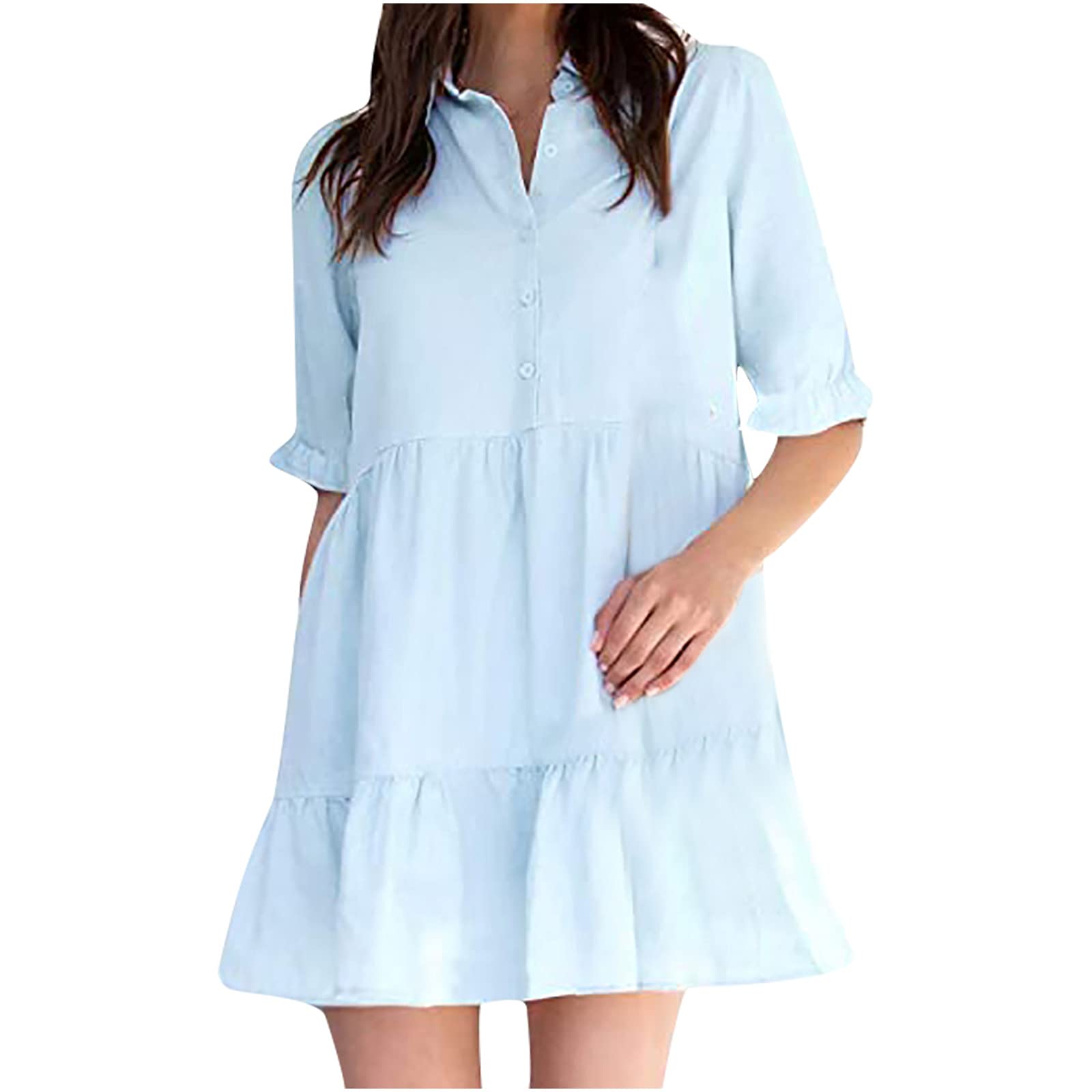 LIUguoo Women's Cute Shirt Dress - Bell Sleeve, Ruffle Hem, V Neck, Loose Swing Tunic Mini Dress - Short Sleeve Flowy Summer Dress for Women | Perfect for Casual Outings, Beach Cover-ups & Date Nights