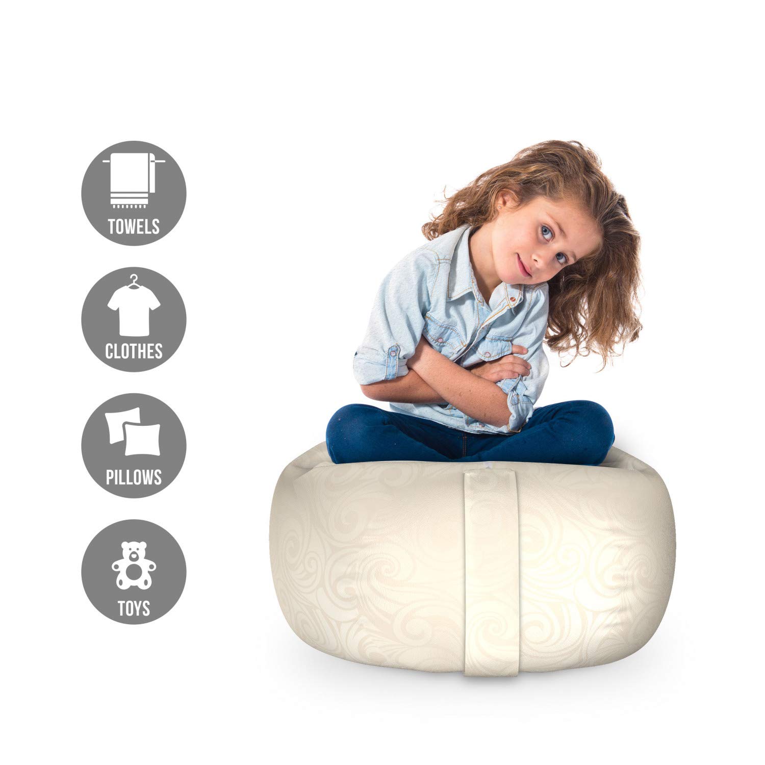 Ambesonne Ivory Toy Storage Bag Chair - Victorian Renaissance Style with Leaf & Branch Design, Washable Stuffed Animal Organizer, Small Cream Storage Solution | Perfect for Kids' Room, Nursery, or Playroom Organization