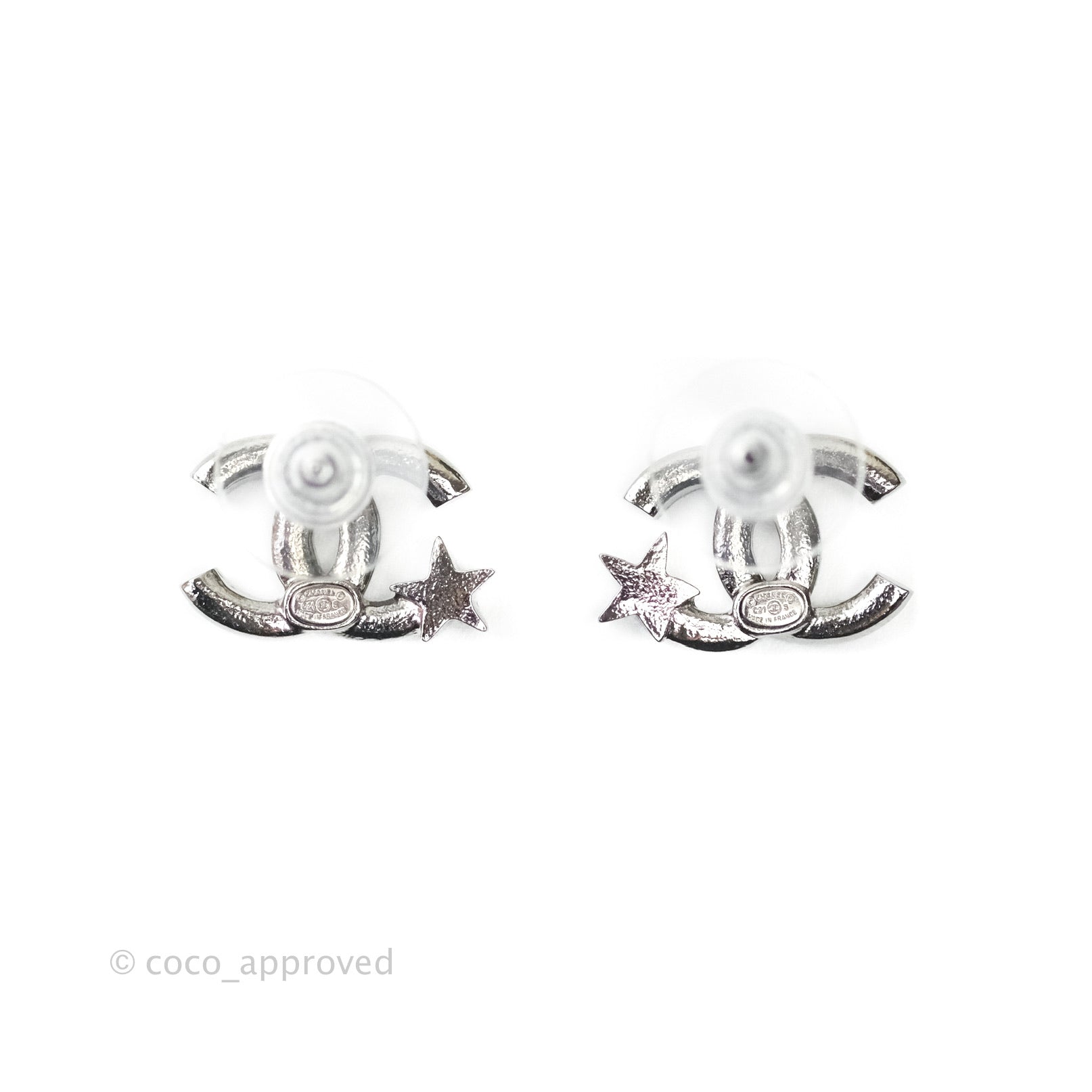 Chanel CC Crystal Earrings for Women - Silver Tone Fashion Jewelry | 21S Collection | Perfect for Parties, Weddings & Special Occasions