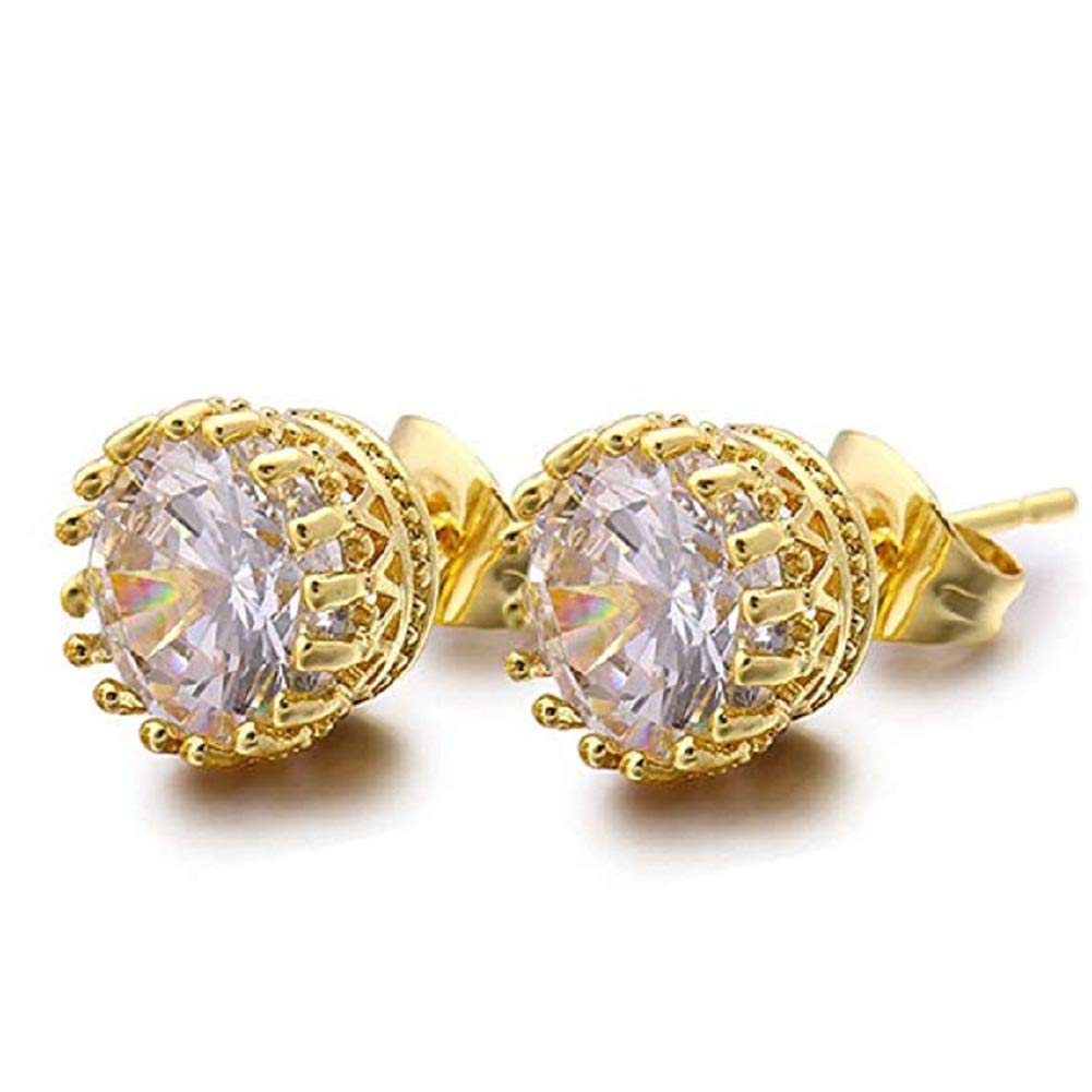 9mm Round Cut CZ Cubic Zirconia Stud Earrings - 14K Gold Plated Wedding Bridal Jewelry for Women - Elegant Crown Design Earrings for Parties, Prom & Everyday Wear