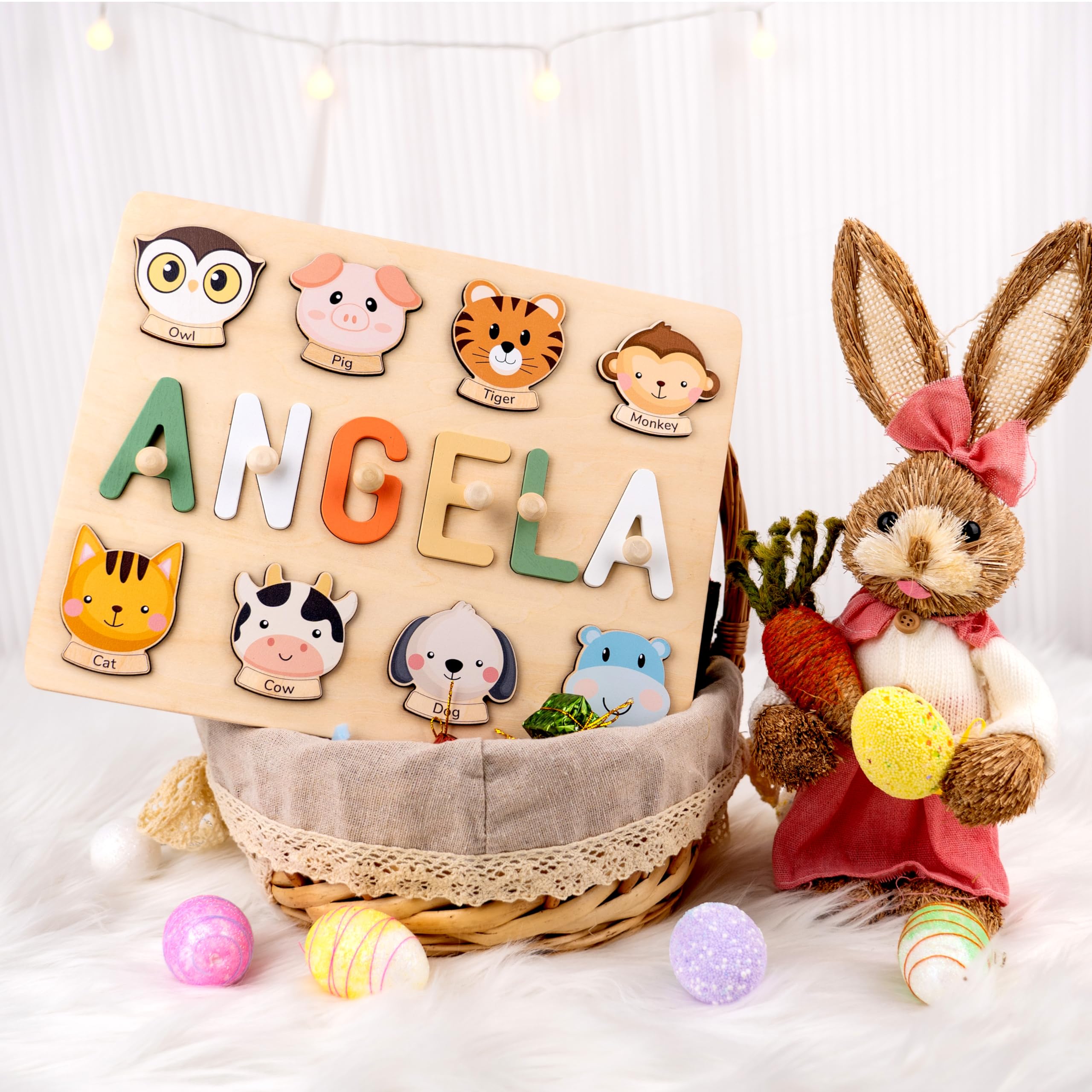 Personalized Wooden Name Puzzle for Toddlers 1-3 Years Old - Custom Baby Learning Toy with Animal Shapes, Engraved Text - Perfect Easter Basket Stuffers, 1st Birthday Gifts & Early Education Activity for Boys and Girls