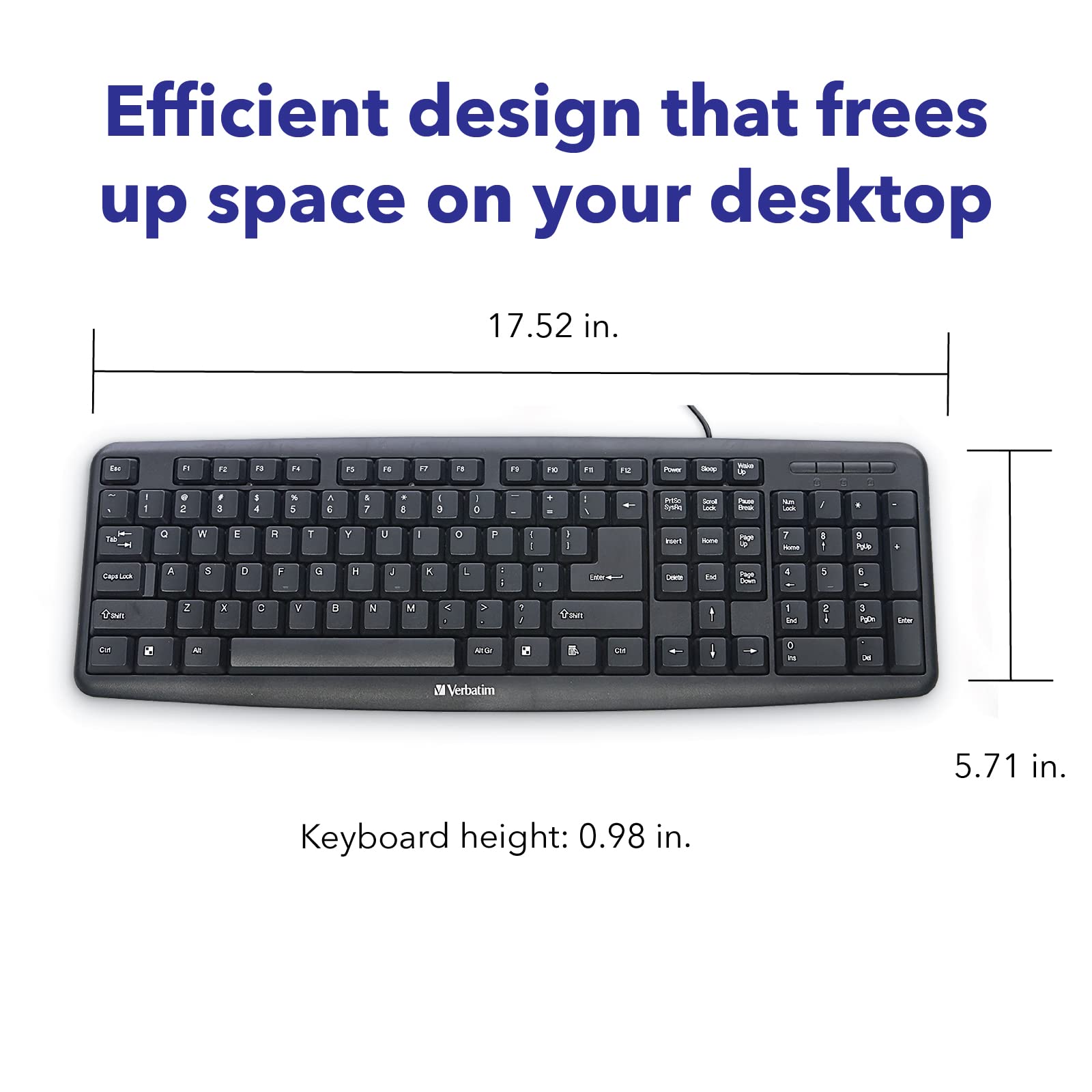 Verbatim Slimline Wired USB Keyboard with Numeric Keypad - Plug & Play Full-Size Computer Keyboard for PC & Laptop - Adjustable Tilt Legs, Durable Design (Black 99201) - Perfect for Office Work, Gaming & Home Computing