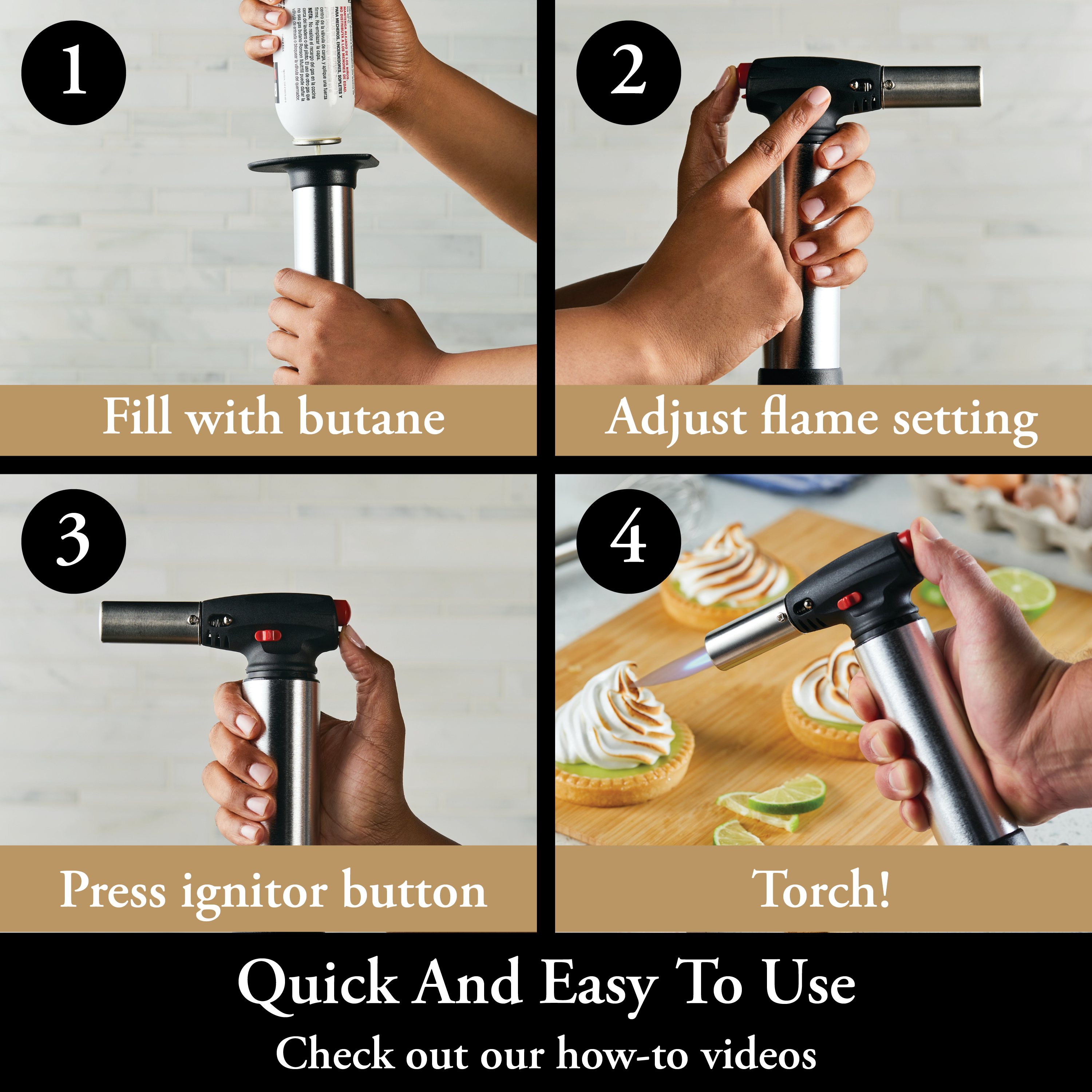 Premium Stainless Steel Culinary Torch for Cooking, Baking & Desserts - Professional Kitchen Blow Torch for Creme Brulee, Seared Meat & More