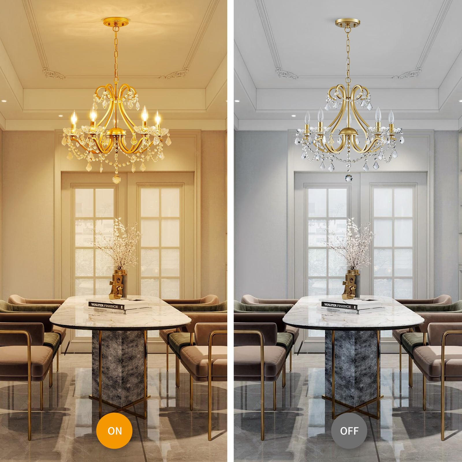 WUZUPS Modern 5-Light Crystal Chandelier Flush Mount Ceiling Light Fixture - Gold Finish, E12 Base, 20.9