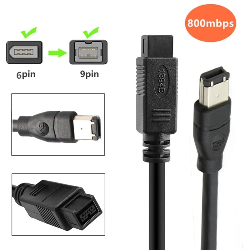 Bilingual 9-Pin to 6-Pin FireWire 800/400 Cable - 4.5m (15ft) Clear High-Speed Data Transfer Cable for Mac, PC, Cameras & External Hard Drives