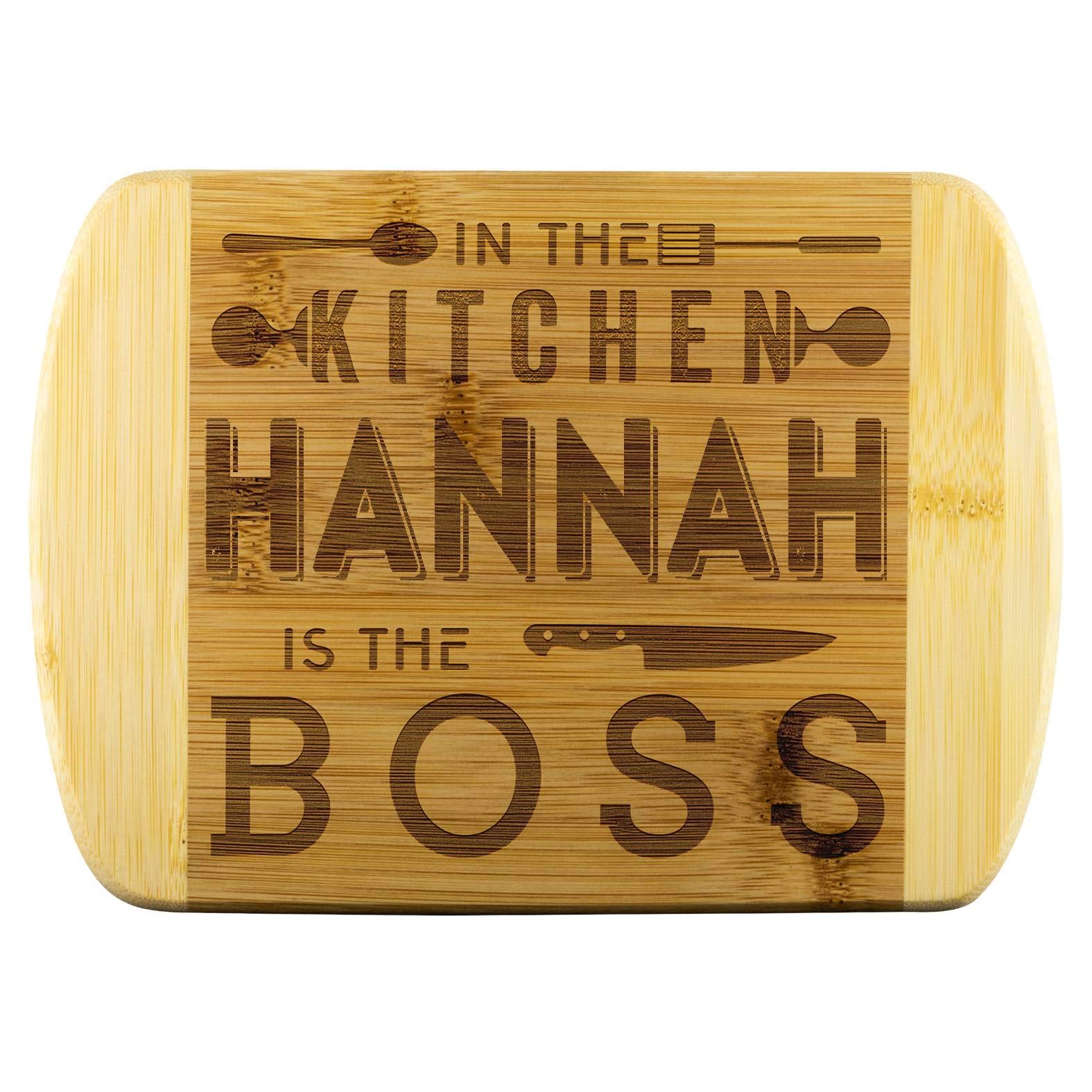 Funny Kitchen Cutting Board - Unique Mothers Day Gift, Bamboo Engraved 'Hannah Is The Boss' Design, Perfect for Cooking, Baking, and Home Decor