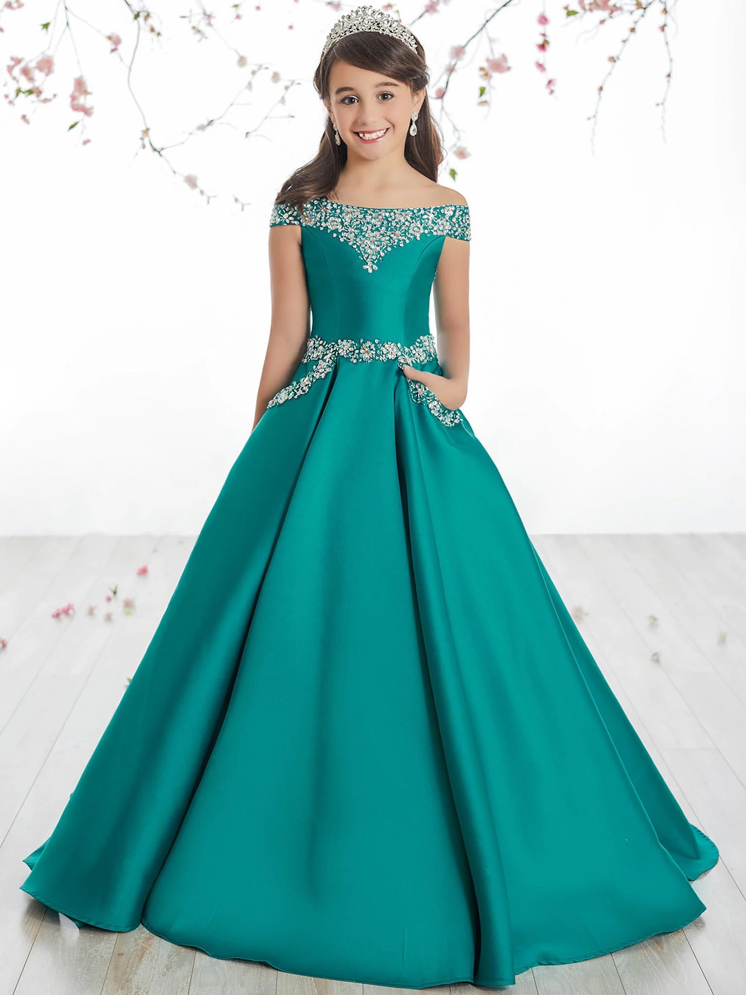 Off The Shoulder Girls Pageant Dresses Satin Long Princess Birthday Party Dress with Pockets - Elegant Formal Gown for Pageants, Quinceañeras, Prom & Special Occasions
