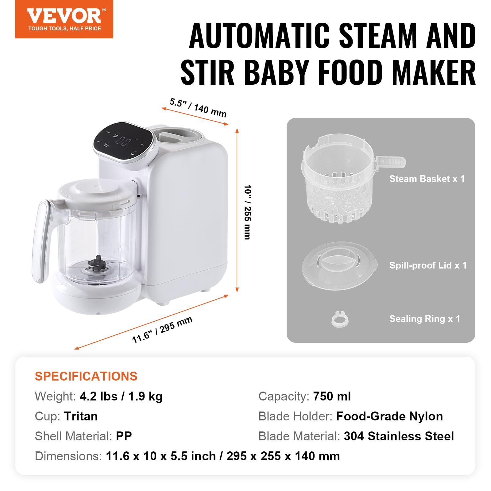 VEVOR 5-in-1 Baby Food Maker & Processor - BPA-Free 750ML Baby Food Blender Steamer Grinder with SUS304 Stainless Steel Blades & Tritan Container - 430W for Pureeing Fruits, Vegetables & Meat - Perfect for Homemade Baby Food Preparation & Healthy Meal Making