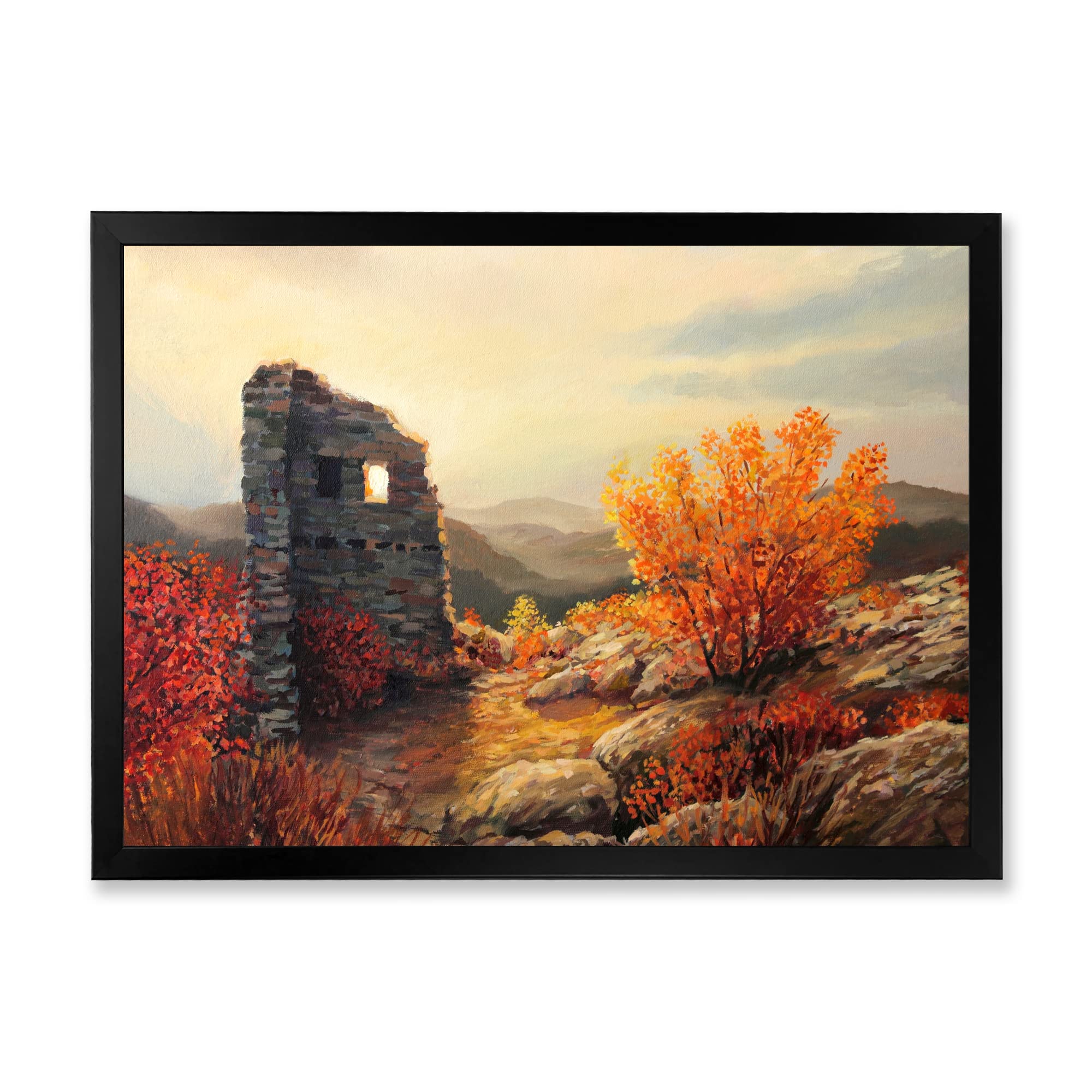 Vintage Old Fortress Ruins Sunset Landscape Painting - Farmhouse Style Framed Wall Art Decor for Living Room, Bedroom & Office