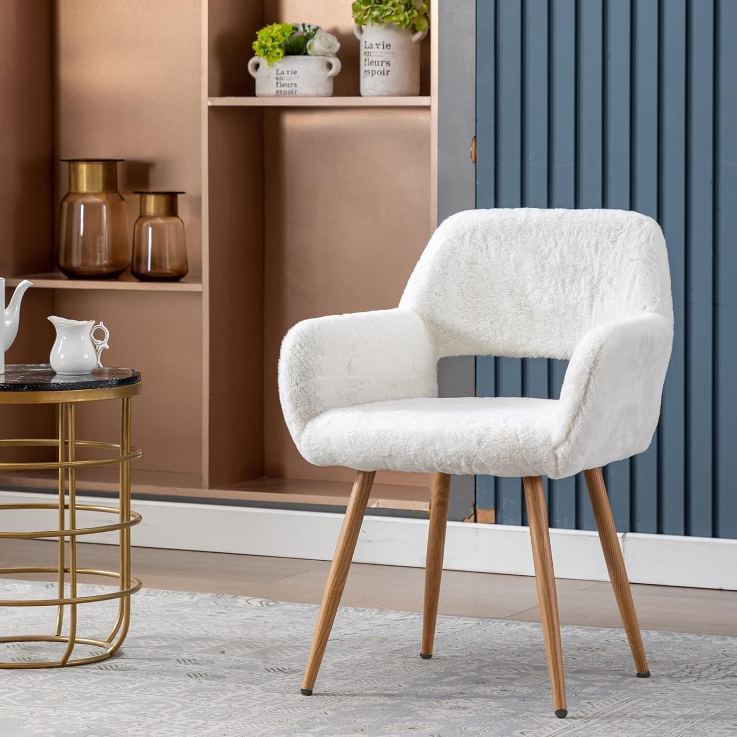 Henf White Faux Fur Office Chair - Modern Upholstered Armchair with Wood Legs for Desk, Dining, Living Room & Vanity | Comfortable & Stylish Home & Office Seating