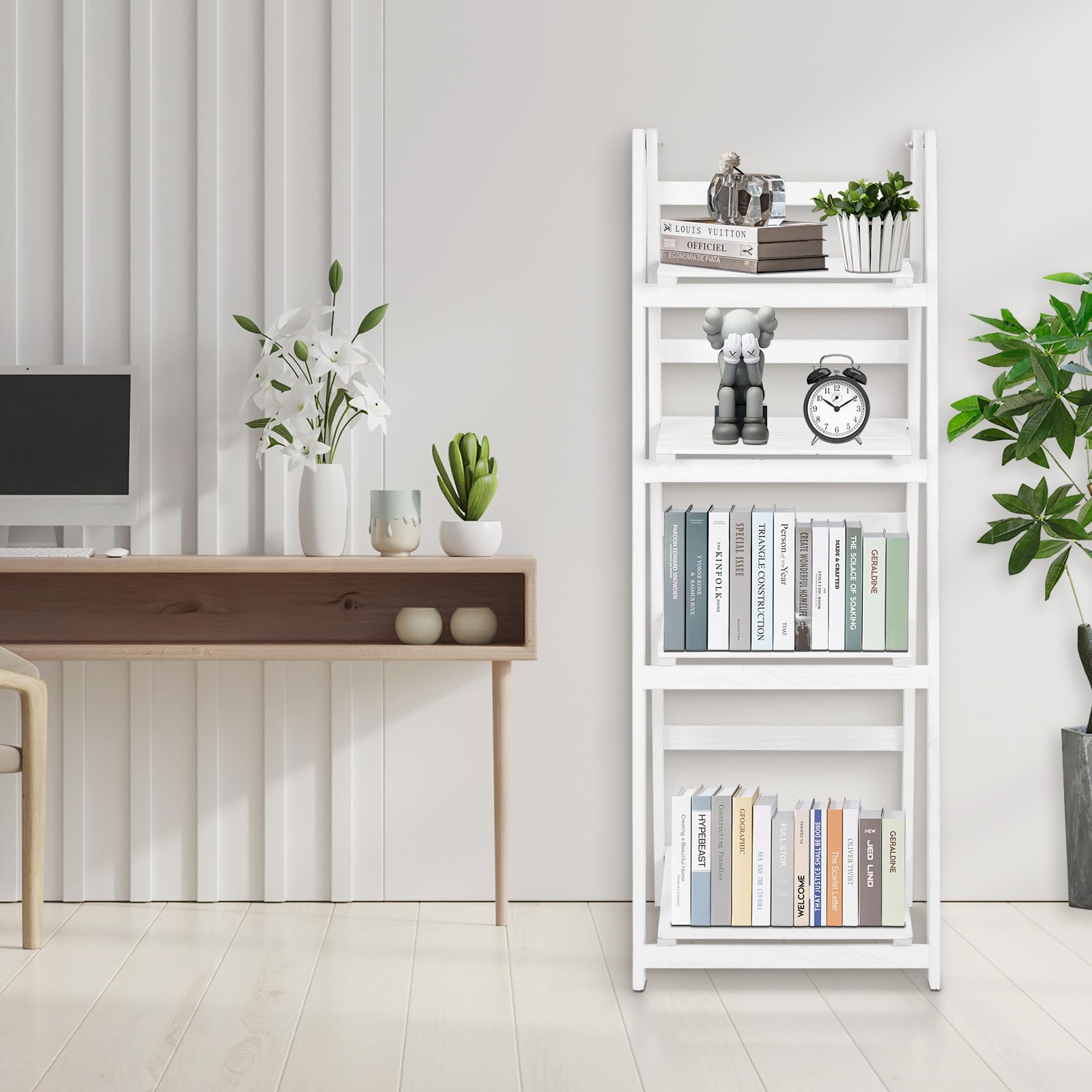 Foldable Wooden Ladder Shelf - 5-Tier Multi-Purpose Storage Organizer for Plants, Books & Home Decor | Indoor/Outdoor Use in Living Room, Office, Balcony, Patio & Garden (White)