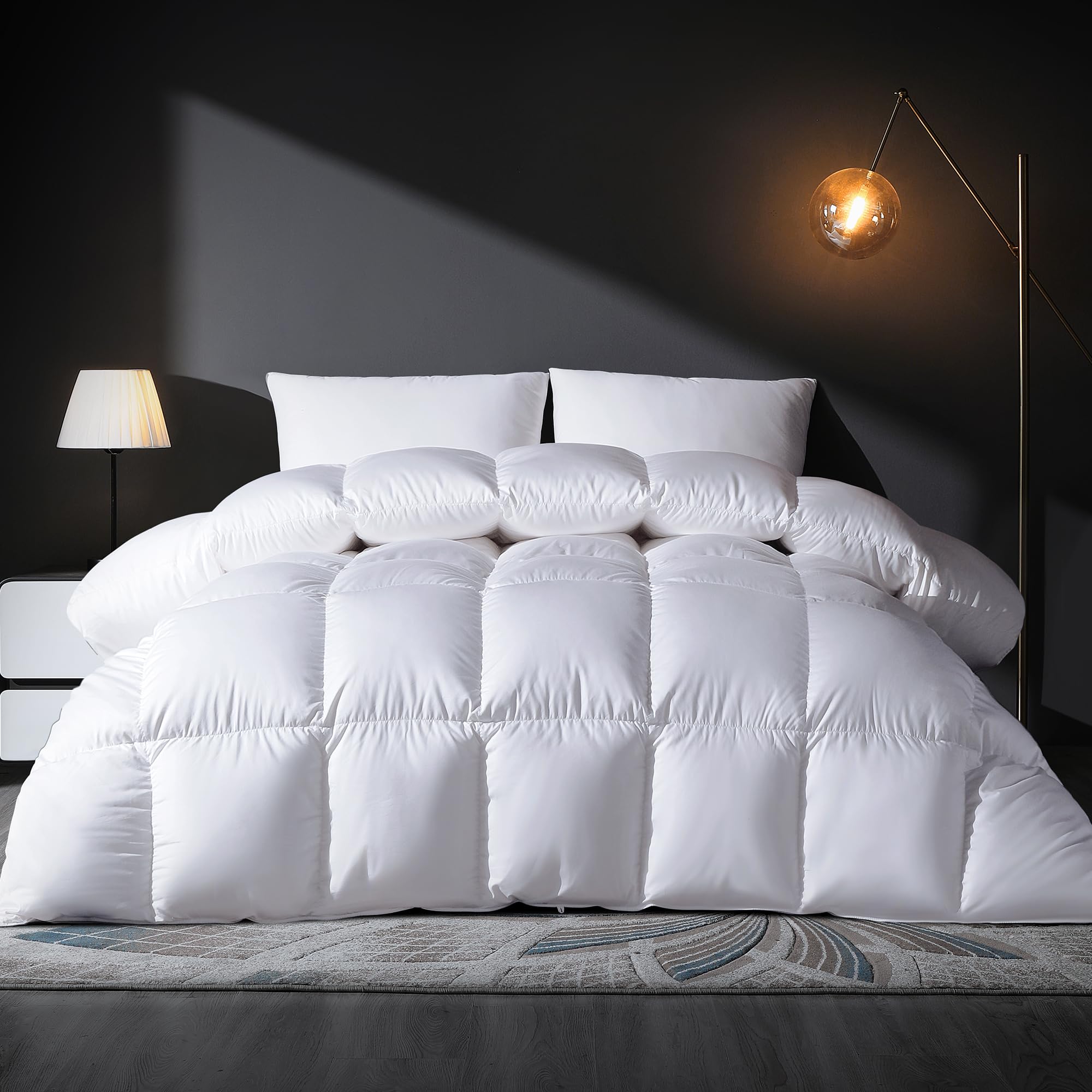 Premium King Size Feather Down Fiber Comforter - All Season Baffle-Box Duvet Insert, Ultra Soft & Noiseless Hotel Collection Bedding, Medium Warmth White Comforter 106