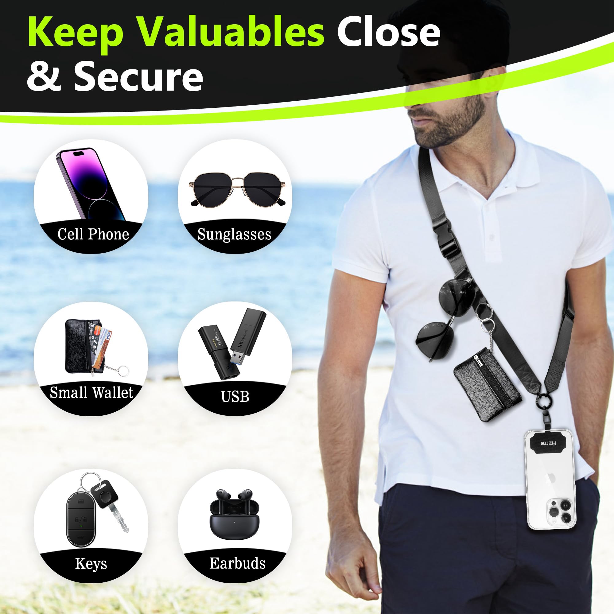 Azrra Adjustable Crossbody Phone Lanyard for iPhone 14/13/12/11 Pro Max - Detachable Card Holder Wallet & Anti-Loss Phone Tether - Perfect for Travel, Shopping, Concerts and Outdoor Activities