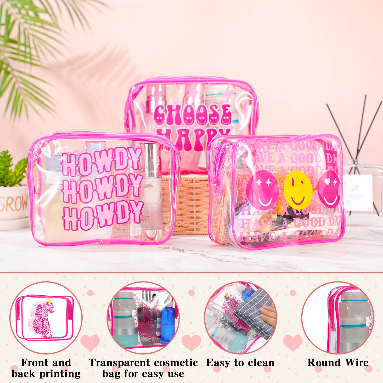 Cunno 6-Piece Clear Makeup Bags Set - Preppy Boho Style Cosmetic Organizer with Smile Face & Flamingo Design, Transparent PVC Travel Toiletry Bag for Women | Perfect for Travel, Gym, and Daily Makeup Storage