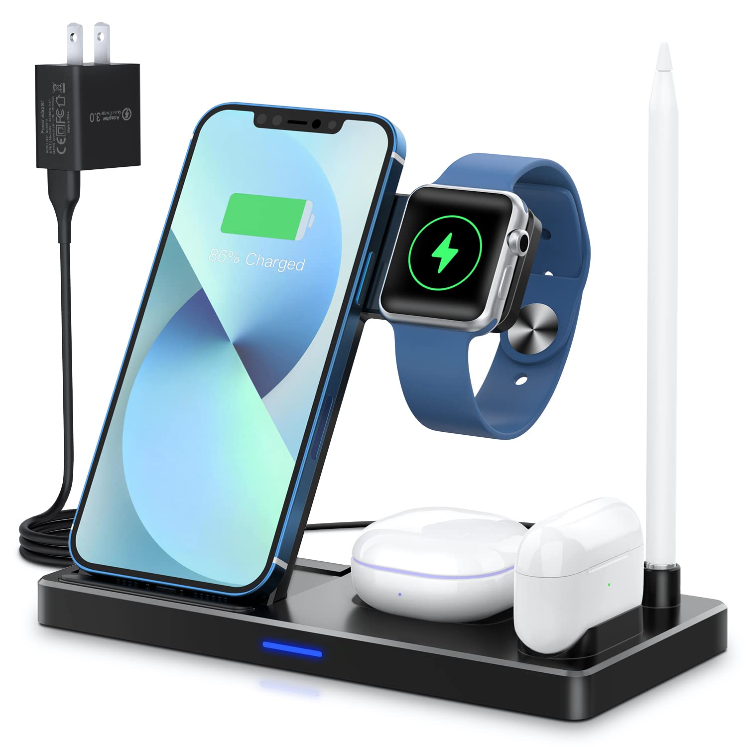 WAITIEE 5-in-1 Wireless Charging Station - Fast Qi Charger Dock for iPhone 13/12/11 Series, Apple Watch SE/7/6/5/4/3/2, AirPods Pro/3/2/1 & Apple Pencil | Compact Multi-Device Charging Stand for Home, Office & Travel (Black)