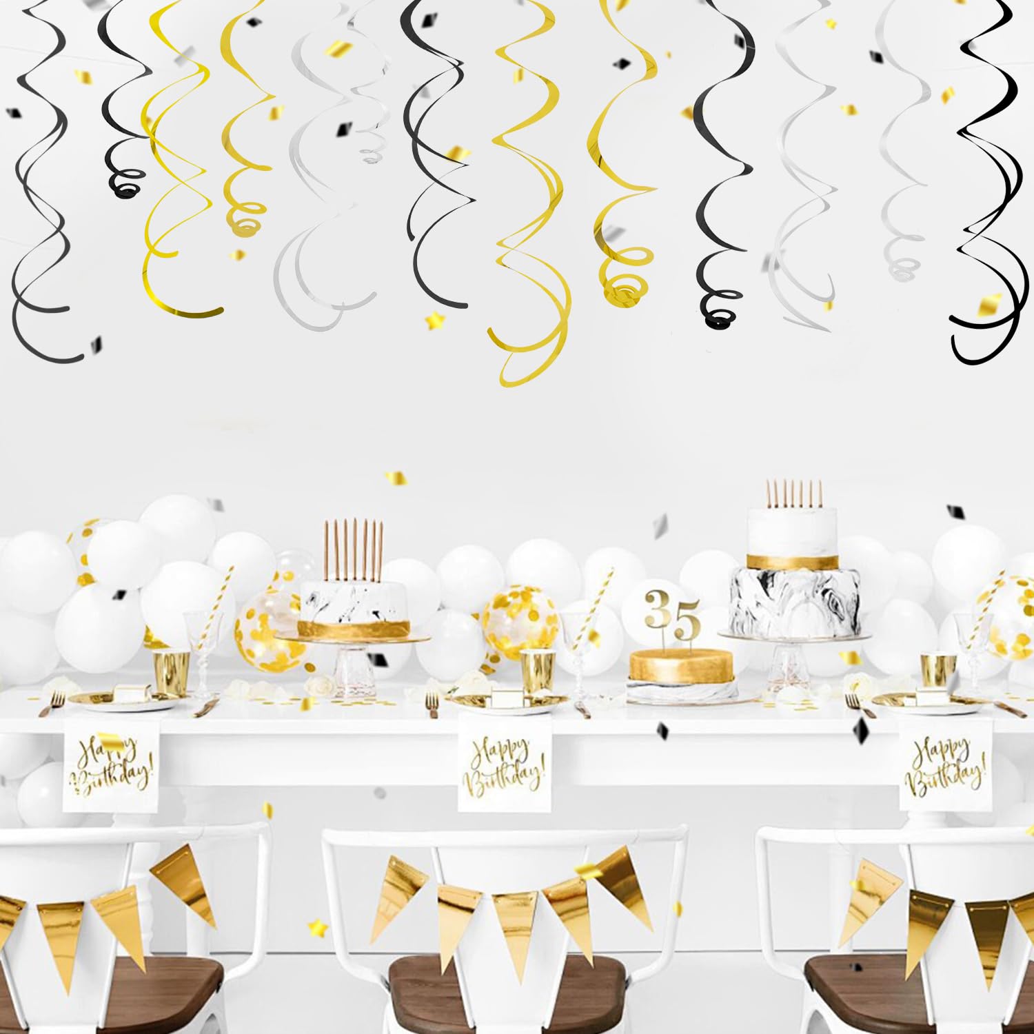 36Pcs Black and Gold Hanging Swirl Party Decorations - Elegant Ceiling Swirl Foil Streamers for Weddings, Baby Showers, Birthdays, Graduations & Holidays - Perfect for Christmas and New Year Party Decor