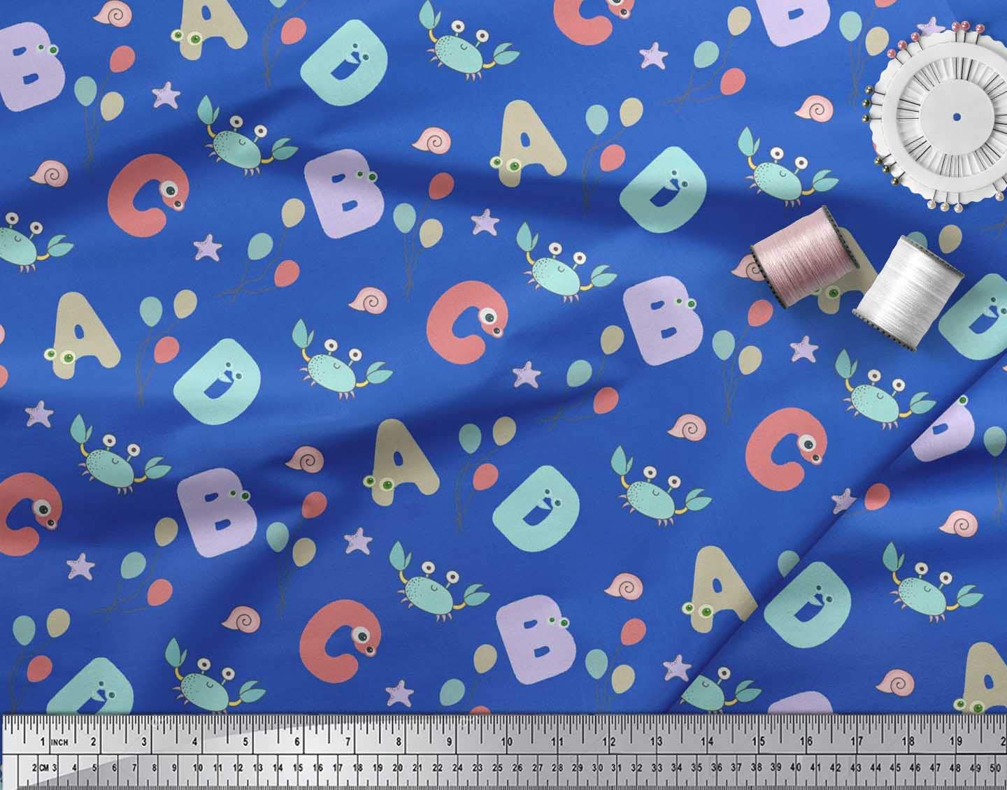 Soimoi Viscose Chiffon Blue Fabric by The Yard - 42 Inch Wide - Crab, Balloons & Alphabet Print Kids Fabric for DIY Crafts, Dressmaking & Home Decor - Educational Playful Patterned Material for Children's Room, Clothing & Sewing Projects