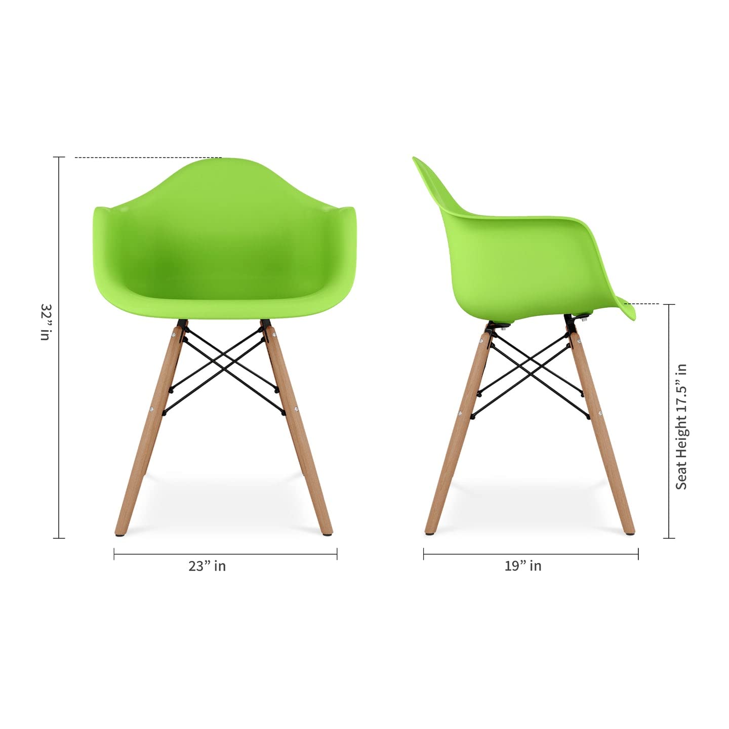 17.5 Inch Green Pyramid Plastic & Beech Wood Dining Chairs - Set of 4 Modern Stackable Armchairs for Kitchen, Dining Room, or Outdoor Patio