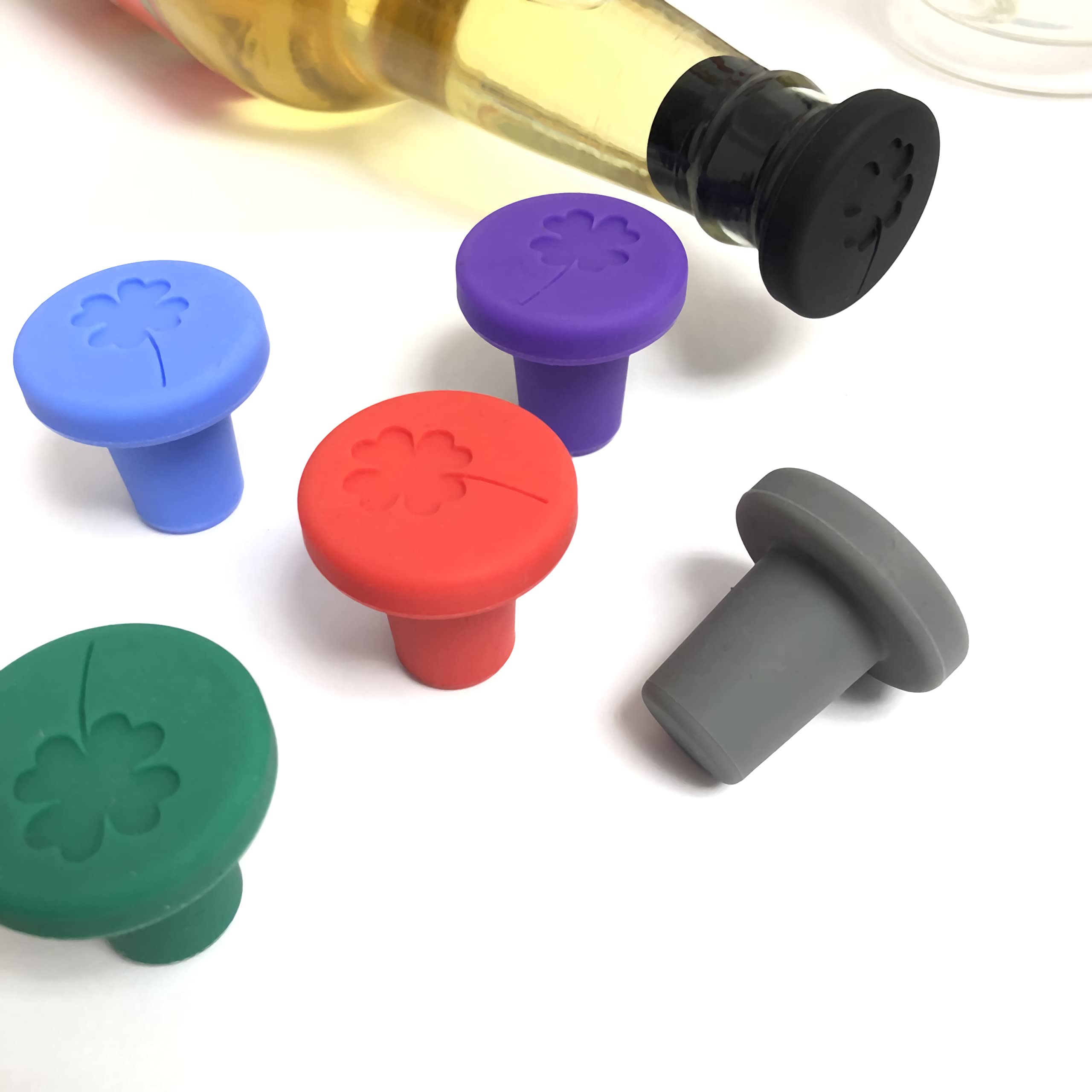 JCSMARTEC Set of 6 Lucky Clover Silicone Wine Stoppers - Beer Bottle Caps & Freshness Sealers for Wine, Champagne, and Liquor Bottles | Perfect for Home Bars, Parties, and Gifts