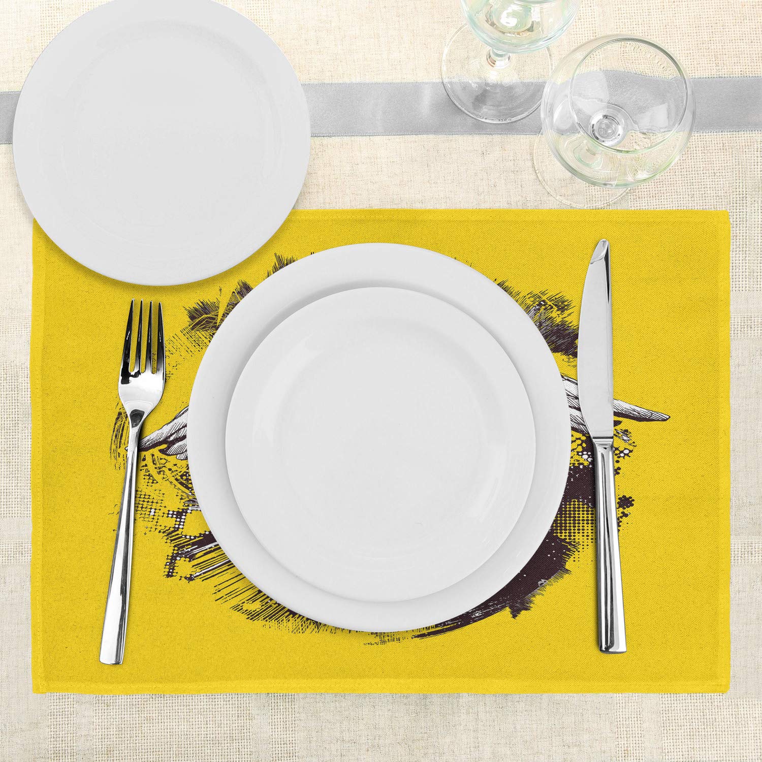 Ambesonne 4-Piece Tattoo-Themed Placemats Set - Gothic Skull with Crown & Feather Wings Design - Washable Fabric Table Mats for Dining Room & Kitchen Decor (Yellow, Black, White) - Perfect for Halloween Parties, Gothic Home Decor & Unique Gift Ideas