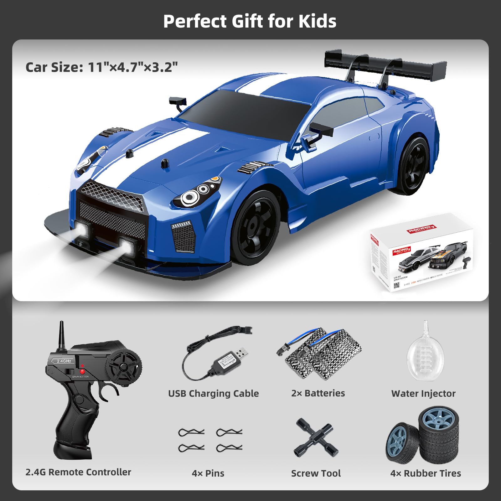 1/16 Scale 2.4GHz 4WD Remote Control Drift Car - 18KM/H High Speed Rechargeable RC Racing Car with LED Lights, Spray Effect, 2 Batteries & Extra Tires - Perfect for Kids Outdoor Play, Backyard Racing, and Drift Competitions