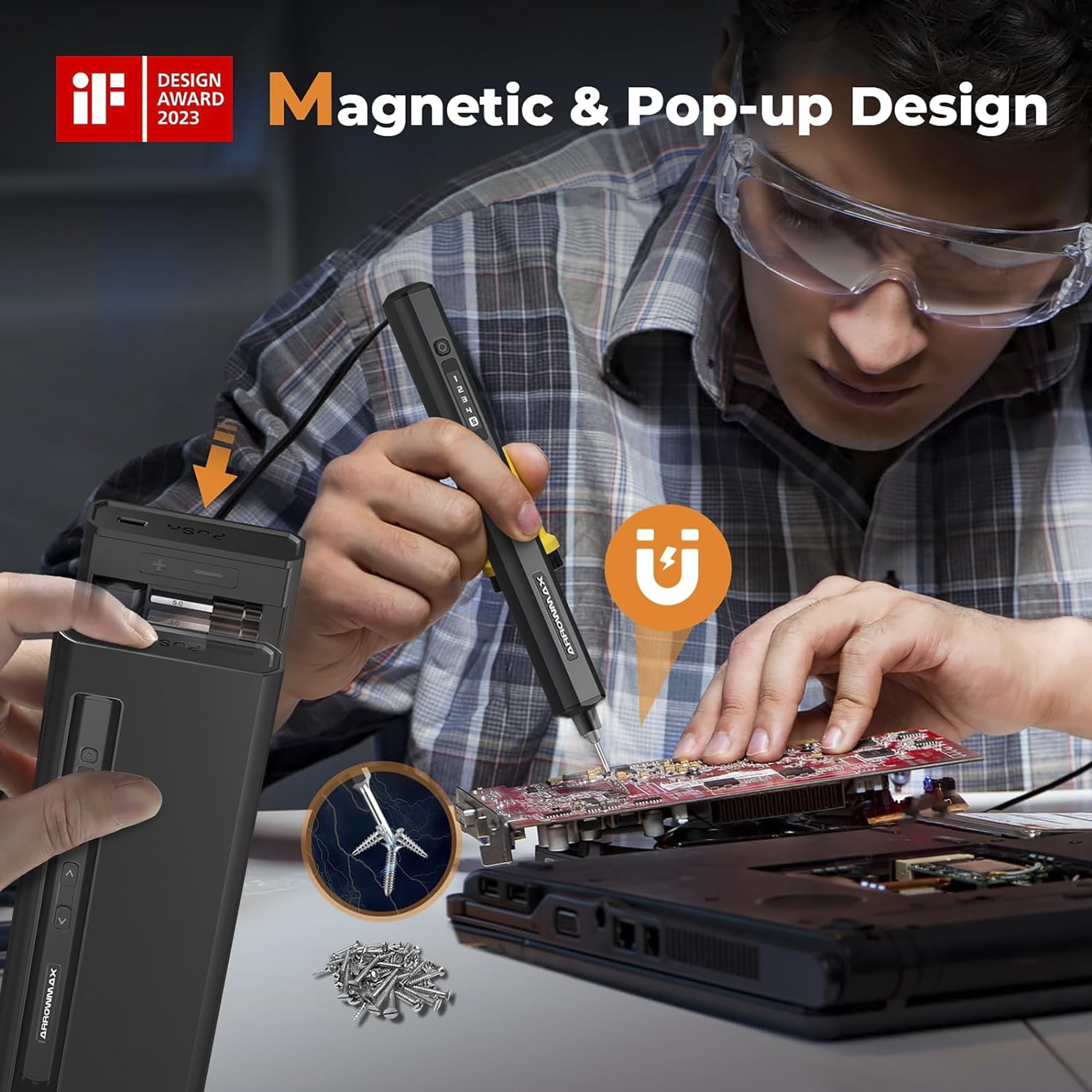 AM ARROWMAX Mini Electric Screwdriver Set - 70 Magnetic Bits, 5 Torque Modes, Precision Repair Tool with Magnetic Storage | 5/32'' Hex Shaft | Ideal for Phone, Camera, Laptop & Watch Repair | Professional Electronics Maintenance Tool (SES ULTRA, BLACK)