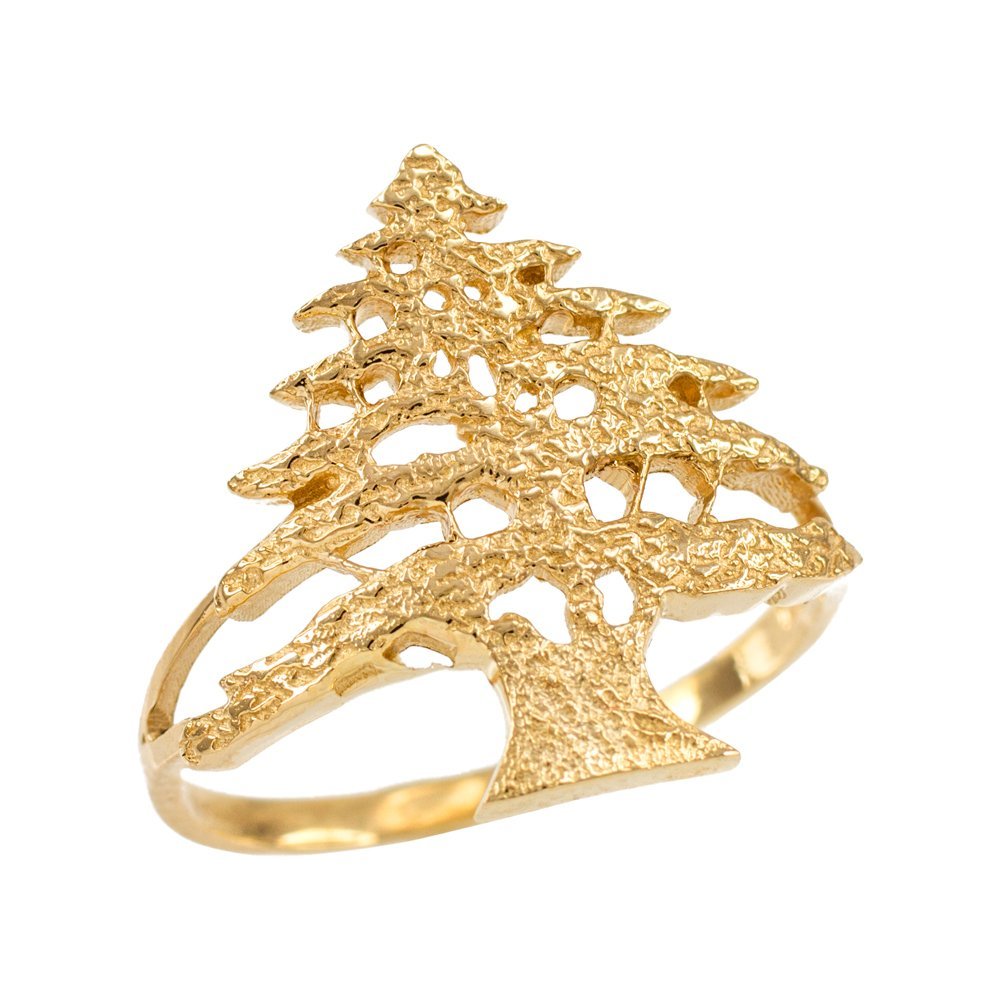14k Yellow Gold Lebanese Cedar Tree Women's Ring - Middle Eastern Jewelry, Textured Band for Everyday Wear & Special Occasions