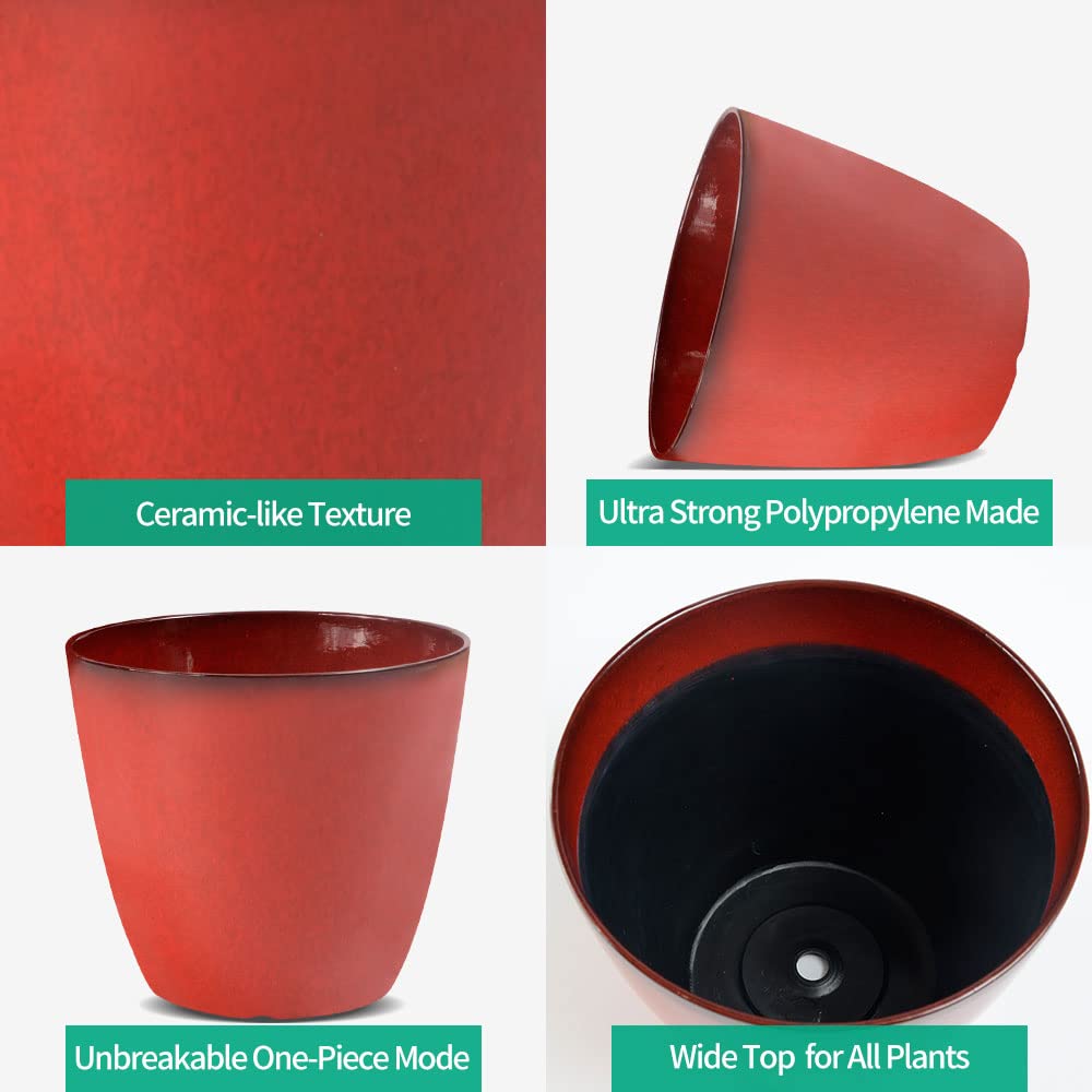 2 Pack 8 Inch & 6 Inch Durable Plastic Flower Pots with Drainage Holes - Decorative Planters for Indoor Outdoor Plants, Flowers, Succulents, Herbs - Perfect for Home Garden, Patio, Balcony Decor (Red)