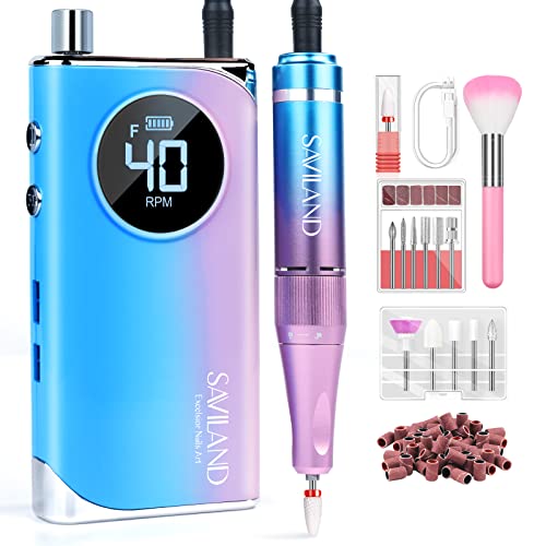 SAVILAND Rechargeable 40000RPM Electric Nail Drill Kit - Professional Portable Nail File Machine with 12 Drill Bits for Acrylic, Gel & Natural Nails - Perfect for Salon, Home Manicure & Pedicure Care