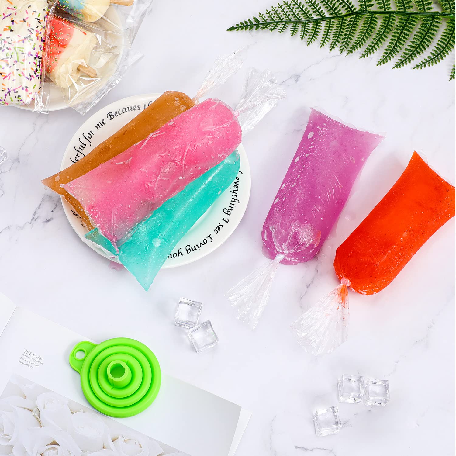 400 Pcs Disposable Ice Pop Bags with Silicone Funnel - 3x10 Inch Reusable Freezer Pops Molds for Homemade Yogurt, Candy & DIY Frozen Treats - Perfect for Summer Parties, Kids Snacks & Healthy Desserts