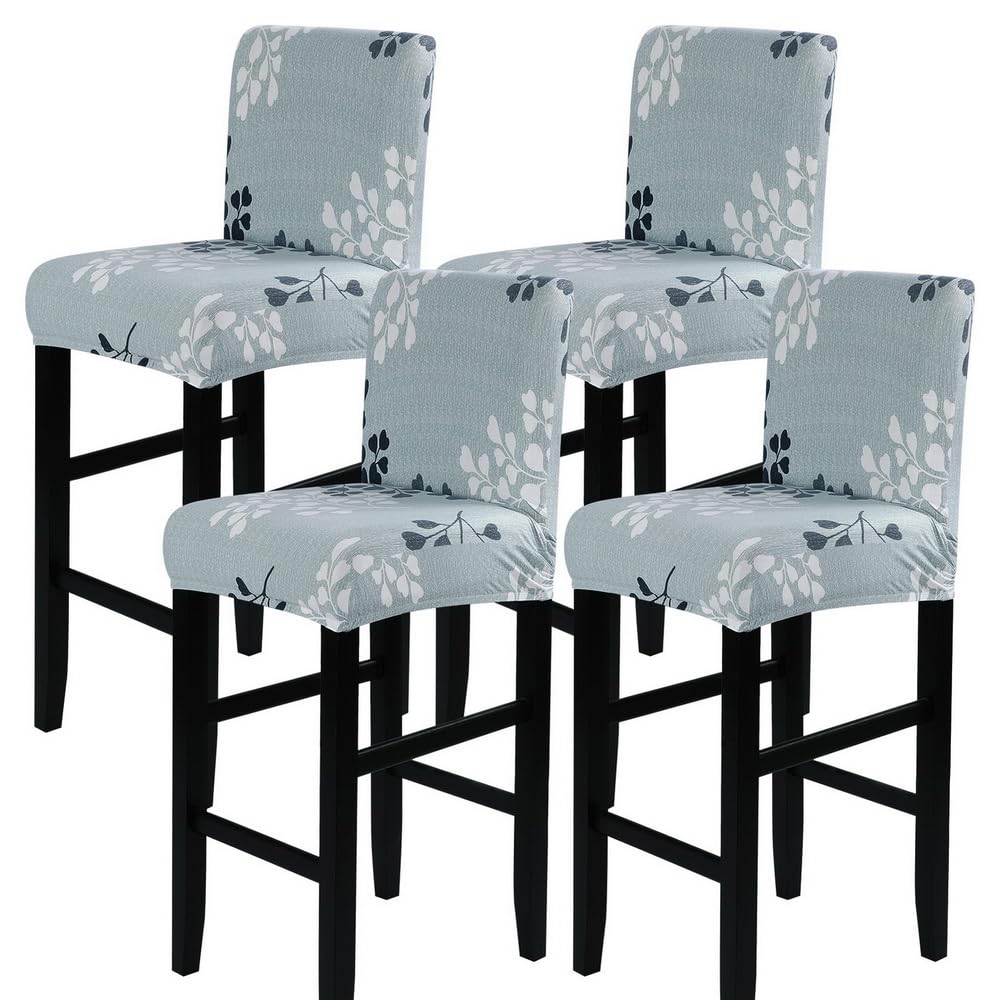 Stretch Washable Bar Stool Covers Set of 4 - Counter Height Chair Seat Covers for Kitchen, Dining Room & Cafe - Grey Leaf Pattern - Perfect for Home Decor & Restaurant Seating Protection