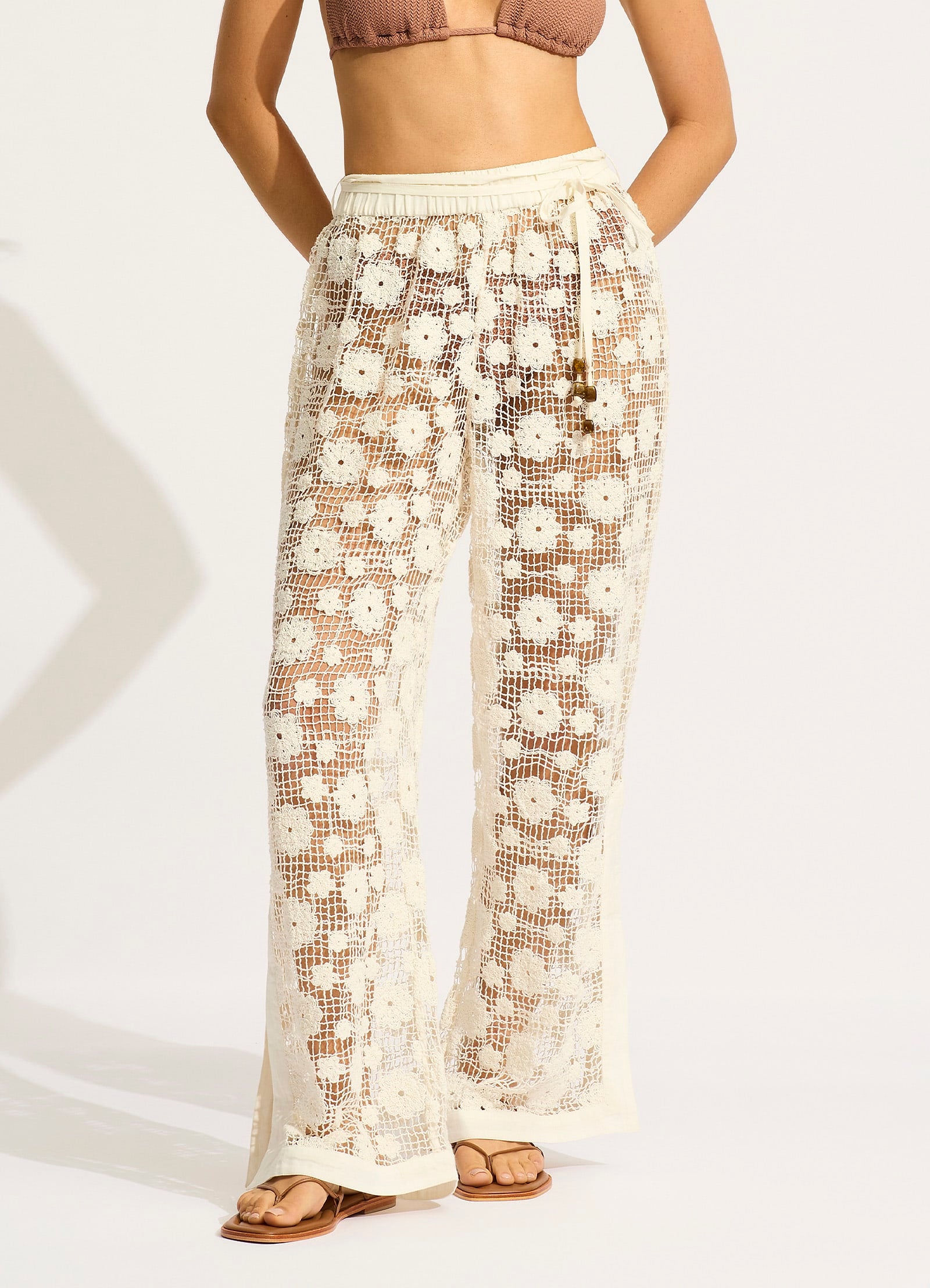 Crochet Side Split Pants for Women - Boho Chic High Waisted Wide Leg Trousers - Ecru Linen Blend Casual Summer Pants for Beach, Vacation & Outdoor Activities