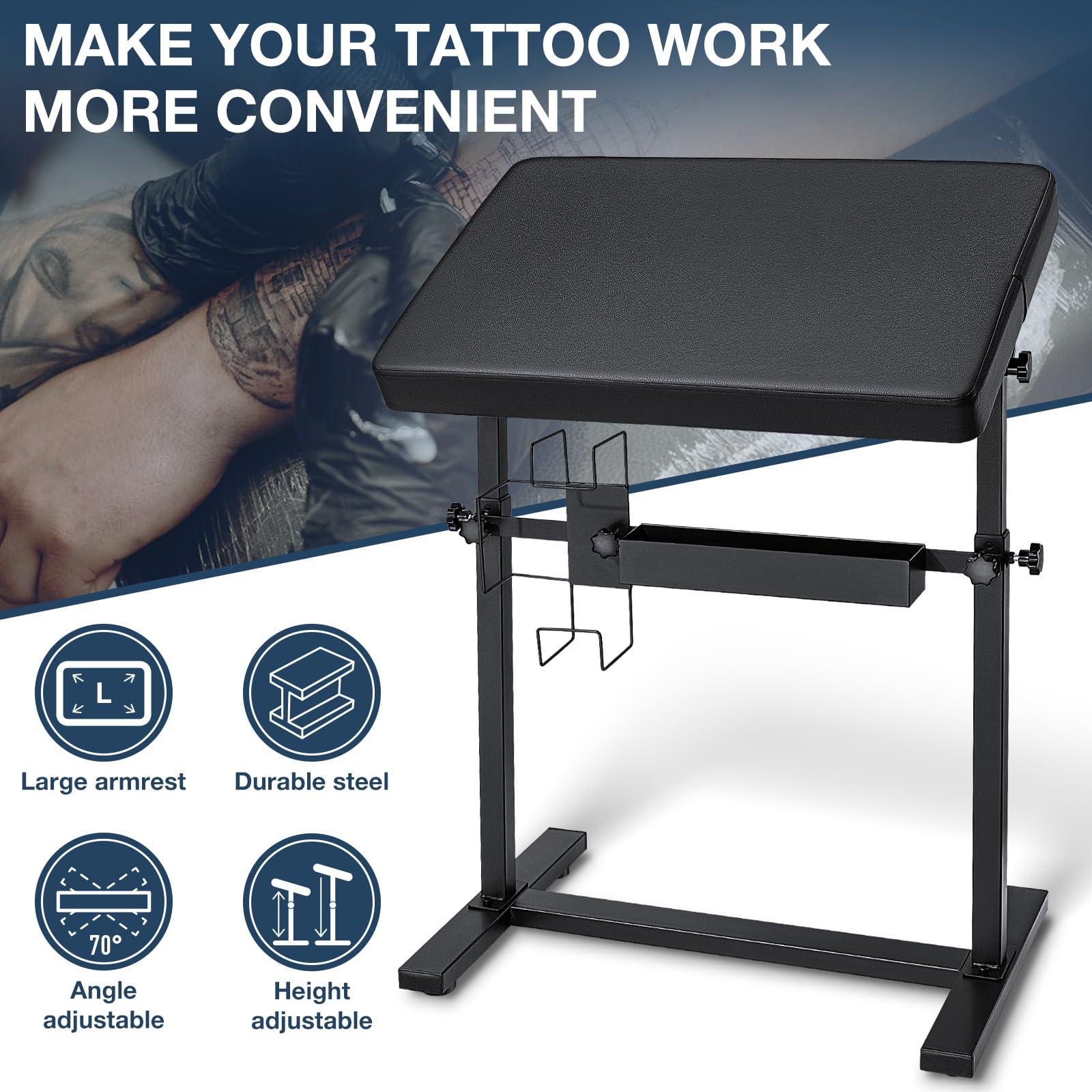 Professional Adjustable Tattoo Armrest Stand with Black PU Leather Pad - 70° Rotation, Height Adjustable, Sturdy 4-Corner Base - Perfect for Tattoo Artists, Studios & Home Tattoo Practice