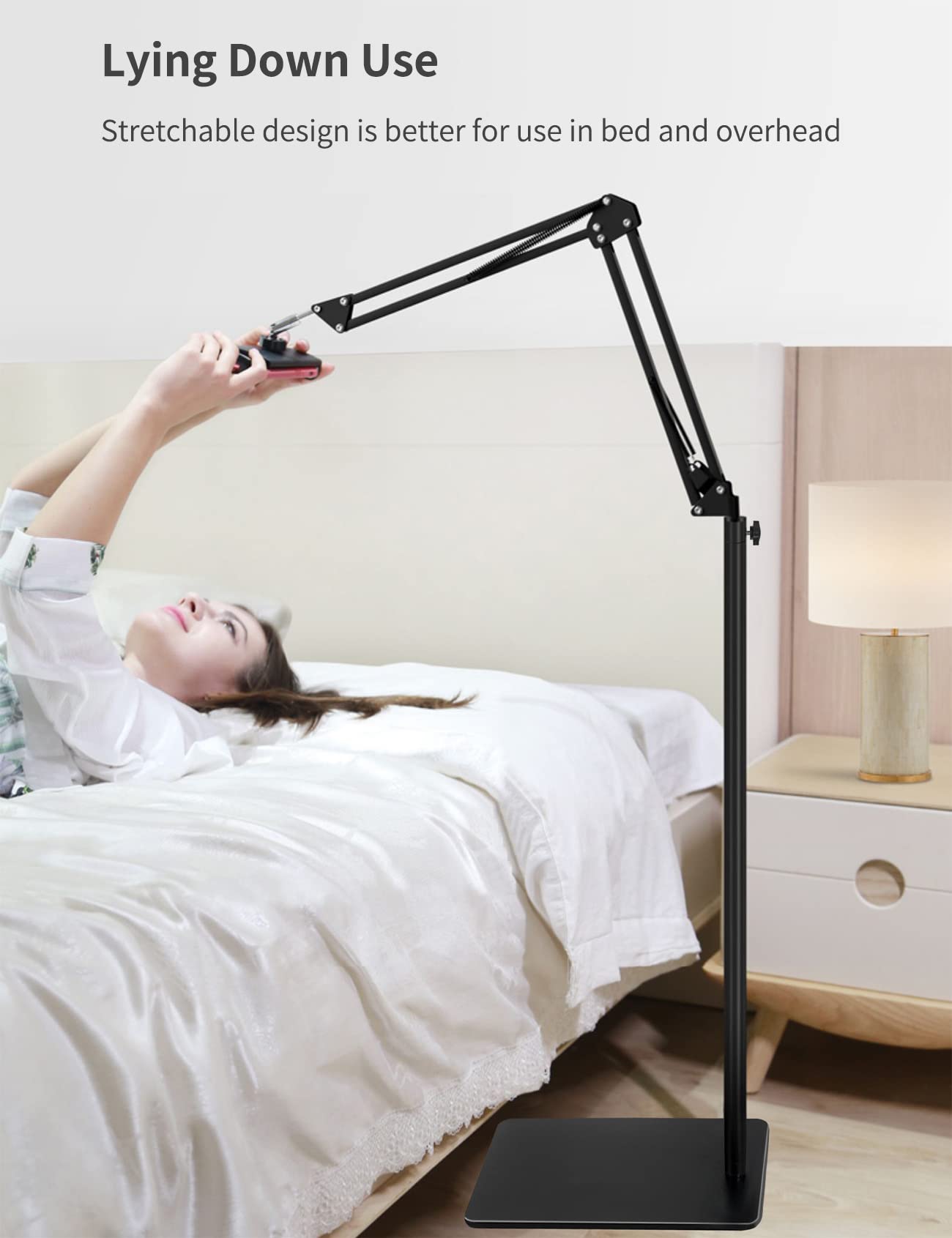 Adjustable Tablet Floor Stand with Heavy Duty Base - Overhead Bed Phone Mount & Extendable Arm Holder for iPad, Galaxy Tab, Kindle, Switch & Smartphones - Perfect for Bedroom, Living Room & Office Use