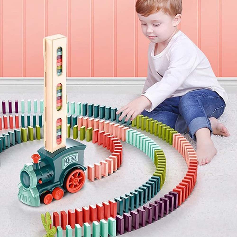 Soputry Domino Toy Train Blocks Set - 2022 New Automatic Domino Stacking & Electric Train Toy for Kids Ages 3-12 | Creative Domino Rally Game with 4 Color Blocks | Perfect for Birthday Gifts, STEM Learning & Family Fun Activities